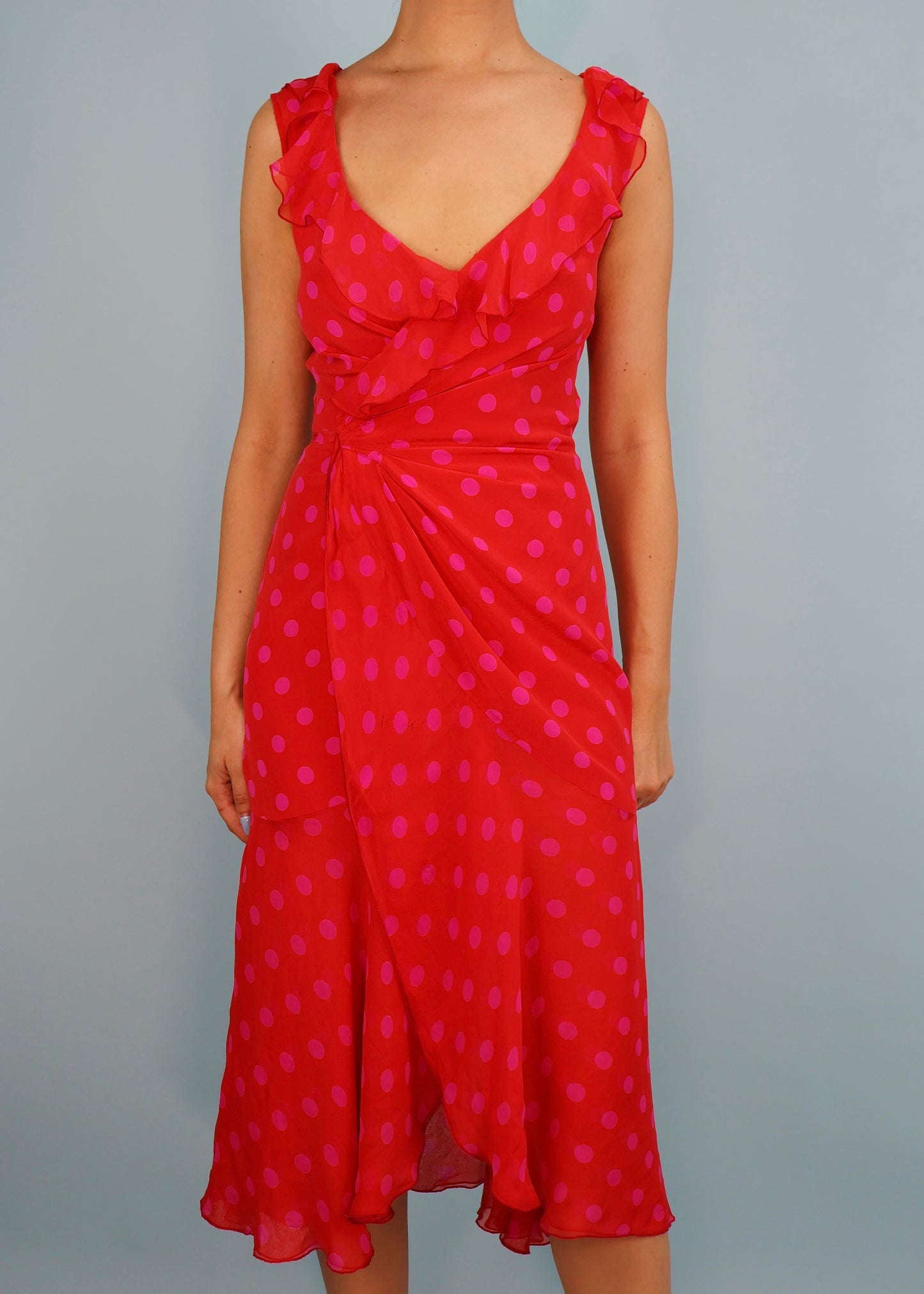Emanuel Ungaro Spring 2000 Red & Pink Polkadot Silk Chiffon Wrap Dress