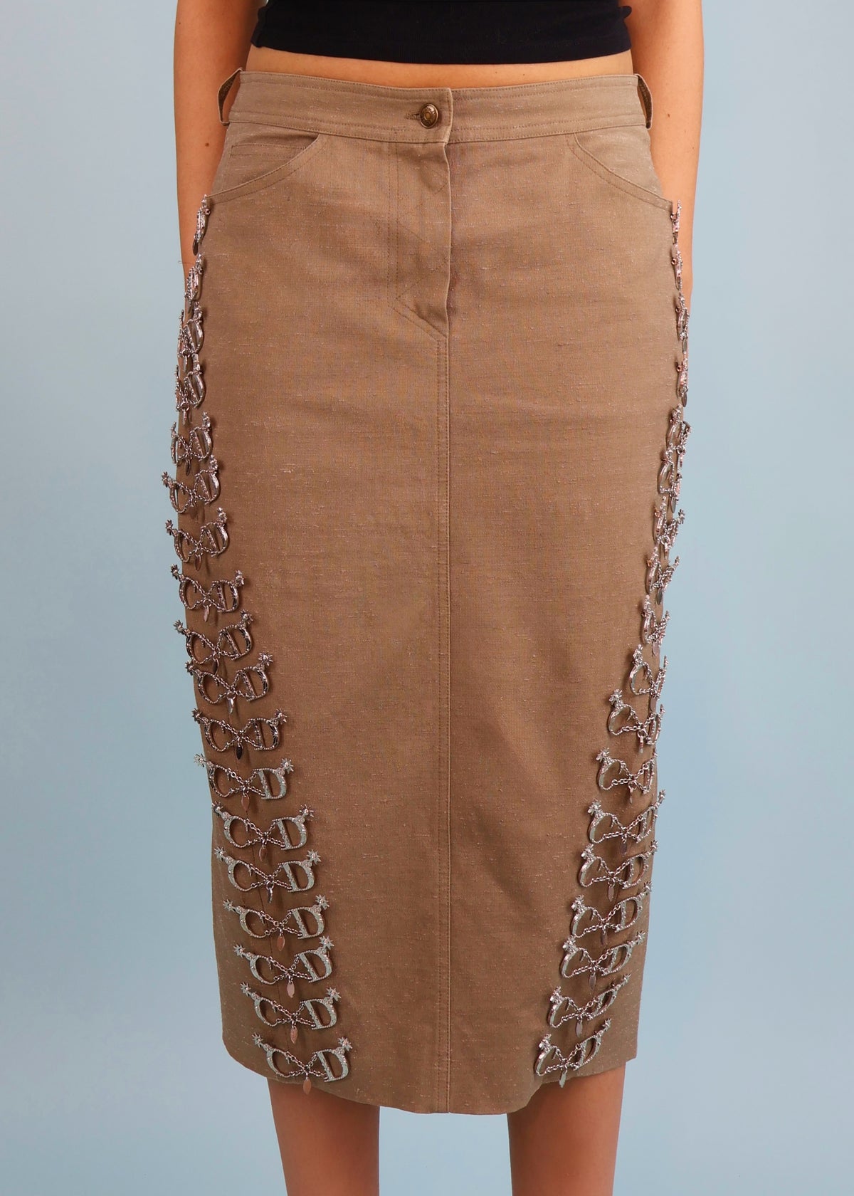 Dior Spring 2003 Khaki Western CD Spurs Details Midi Skirt