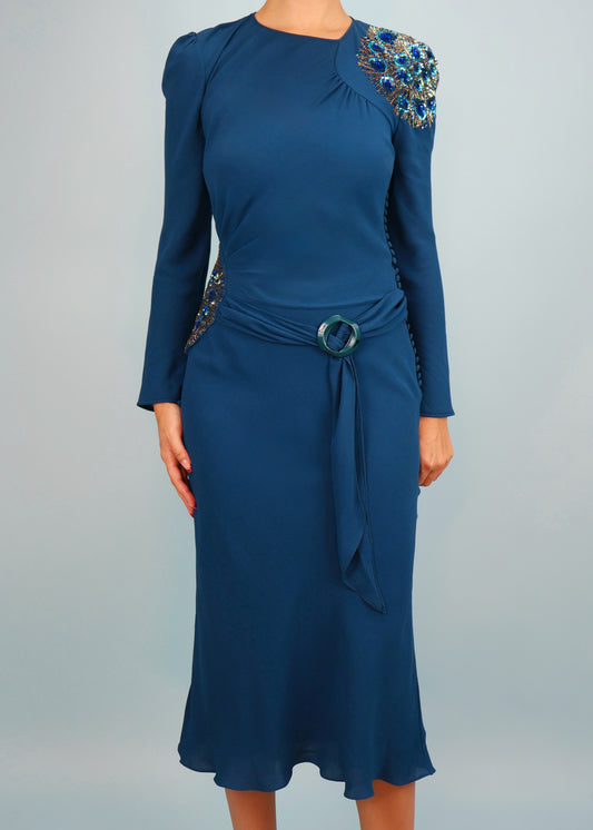 Dior Fall 2005 Teal Blue Silk Chiffon Embellished & Belted Midi Dress