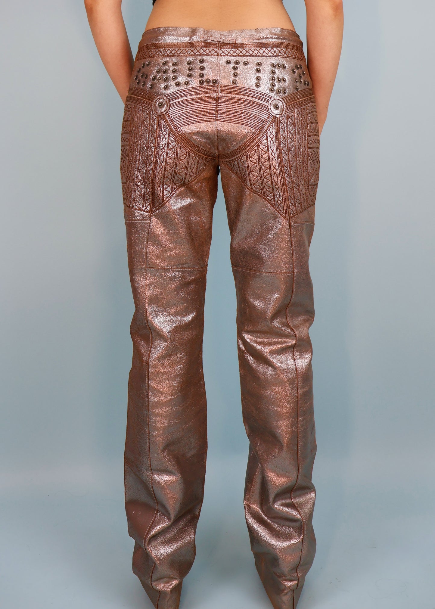 Jean Paul Gaultier Metallic Silver Leather Studded Spellout & Embroidered Pants