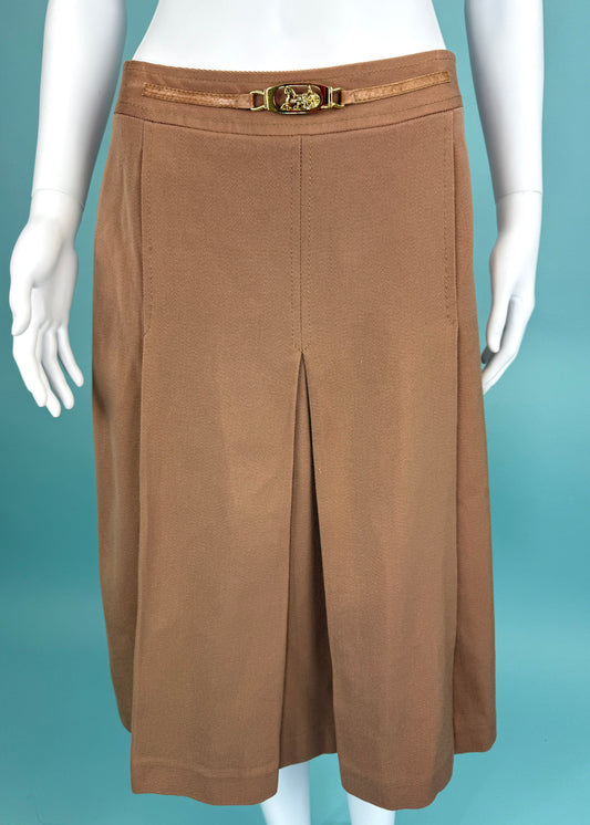 Celine 1970s Beige Wool Metal Buckle Belt Skirt