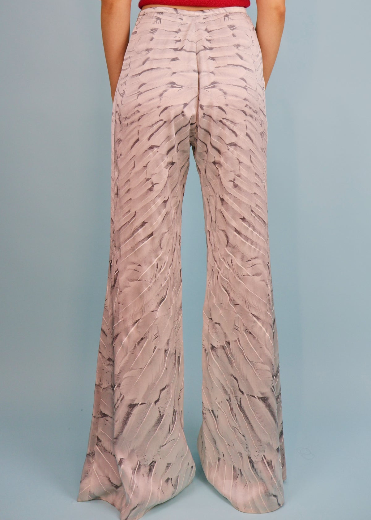Roberto Cavalli Spring 1999 Feather Print Silk Palazzo Pants