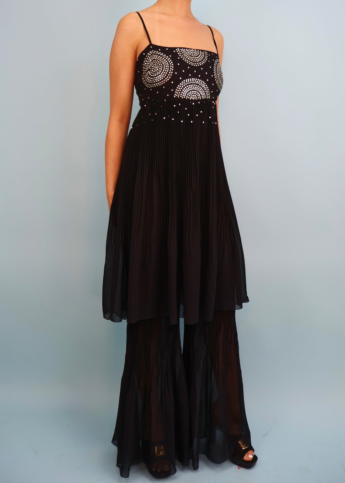Chanel Fall 2000 Runway Embellished Black Silk Chiffon Jumpsuit Dress