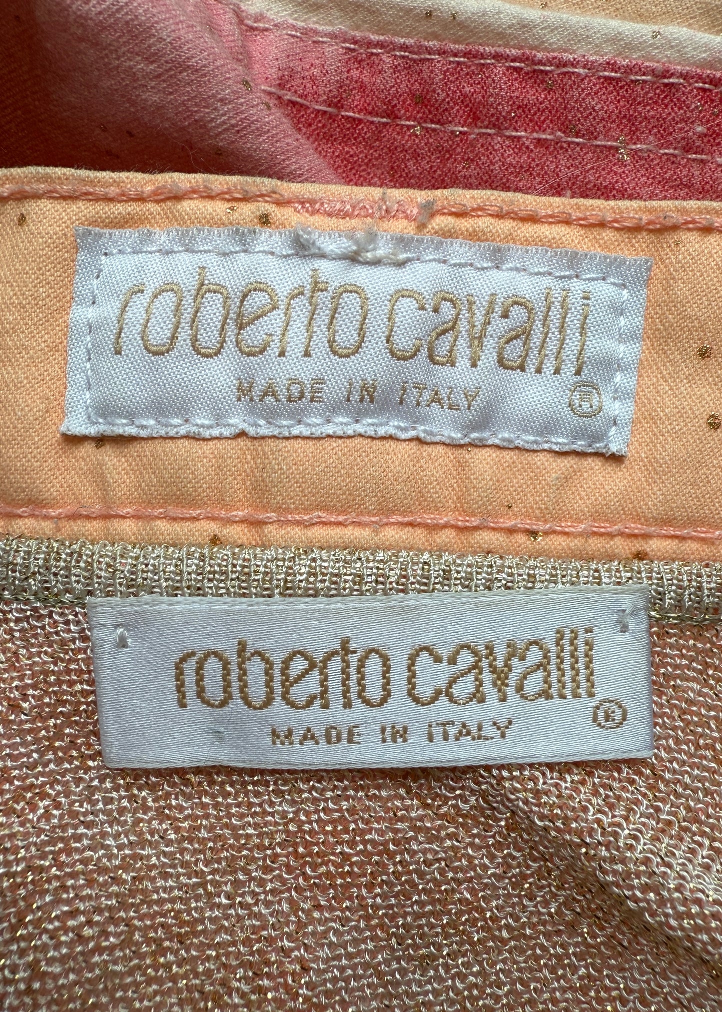 Roberto Cavalli Spring 2001 Runway Pink Face Print Cowl Knit Top & Jeans Set