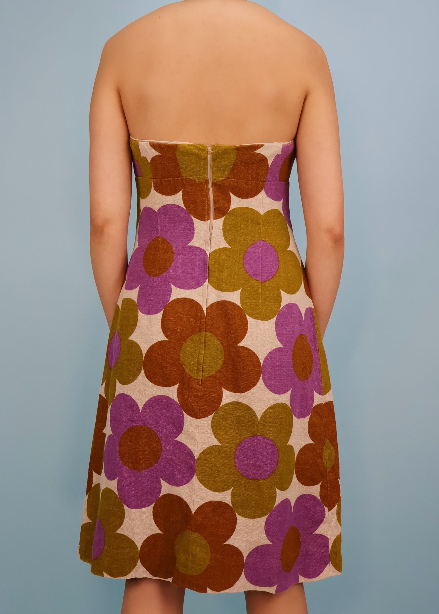 Celine Spring 2002 Runway Floral Linen Corseted Strapless Dress