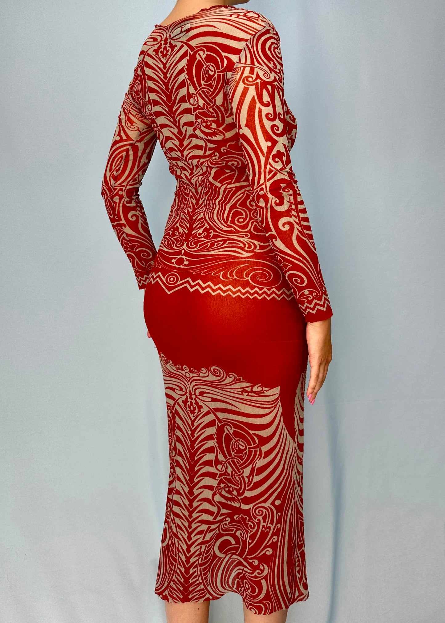 Jean Paul Gaultier Spring 1996 Tribal Print Red Mesh Dress