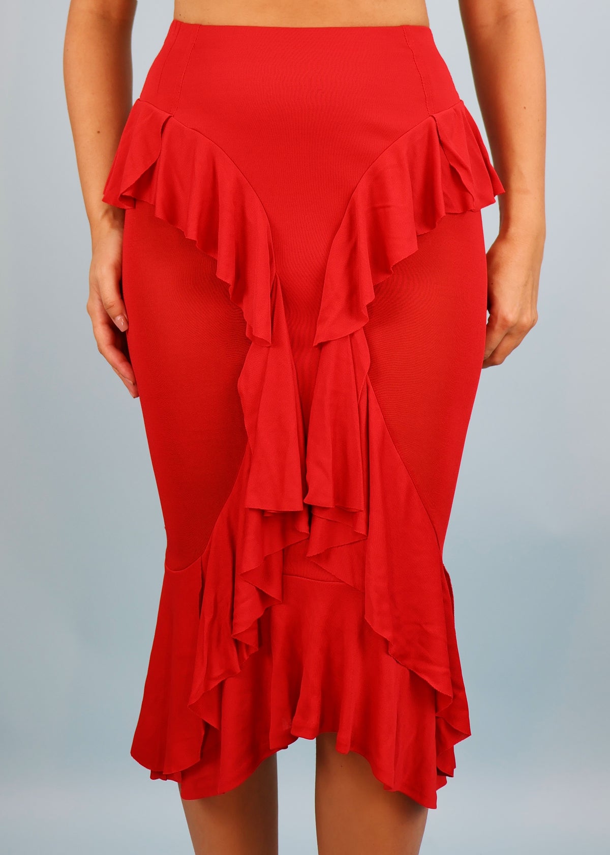 Yves Saint Laurent Fall 2003 Red Ruffle Sheer Panel Skirt