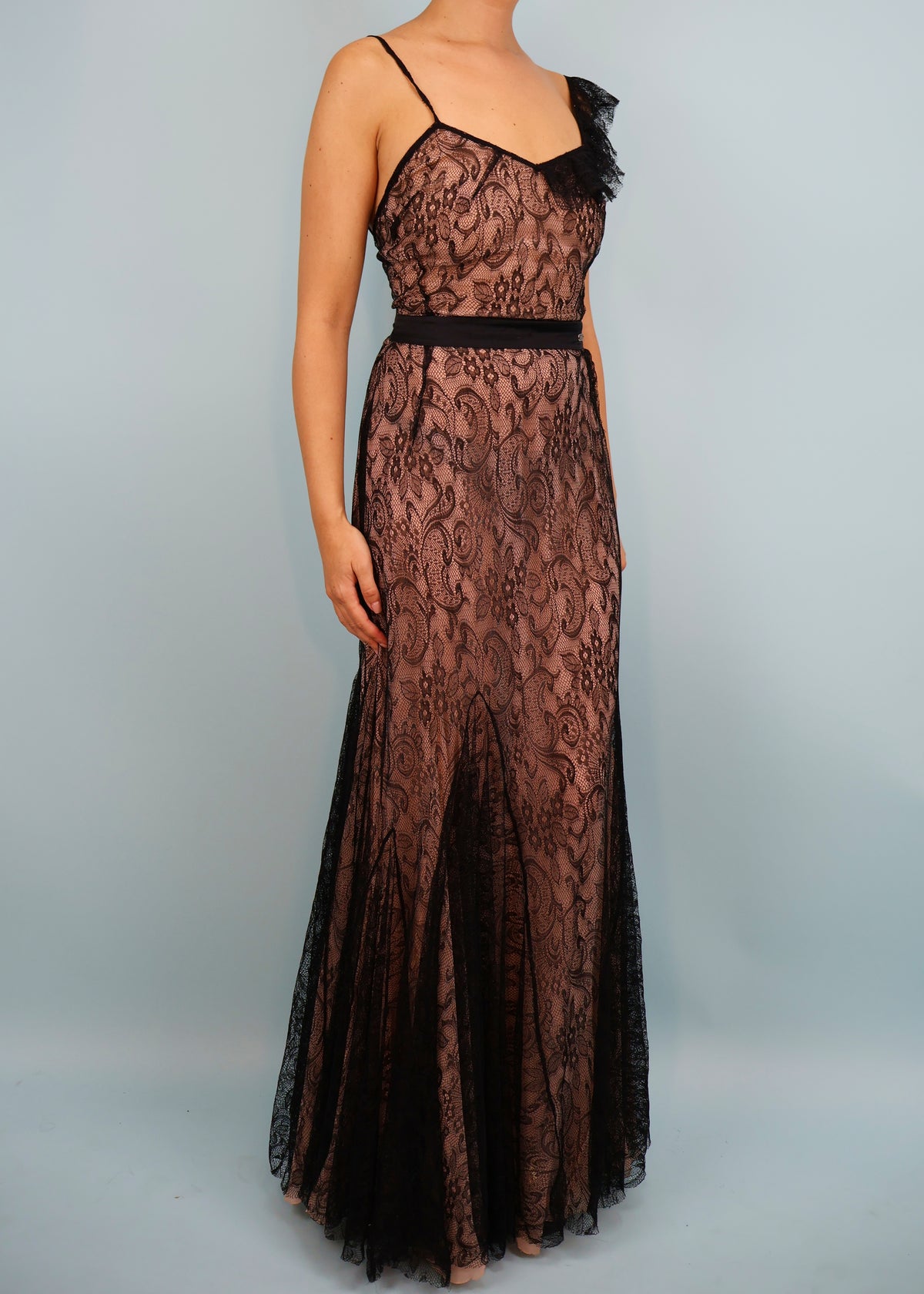 John Galliano Black Lace Asymmetric Ruffle Detail Gown