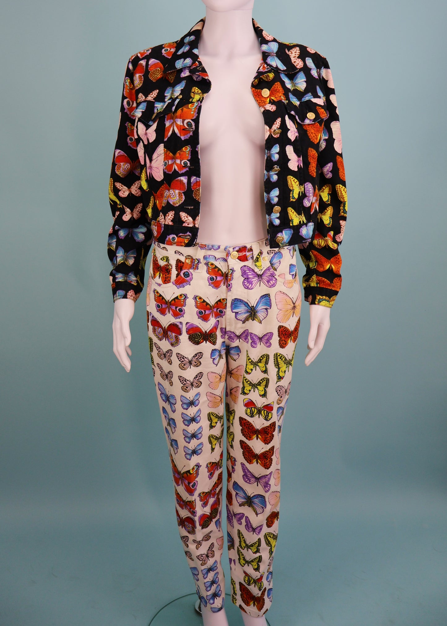Versace Spring 1995 Butterfly Print Denim Jacket & Jeans Set