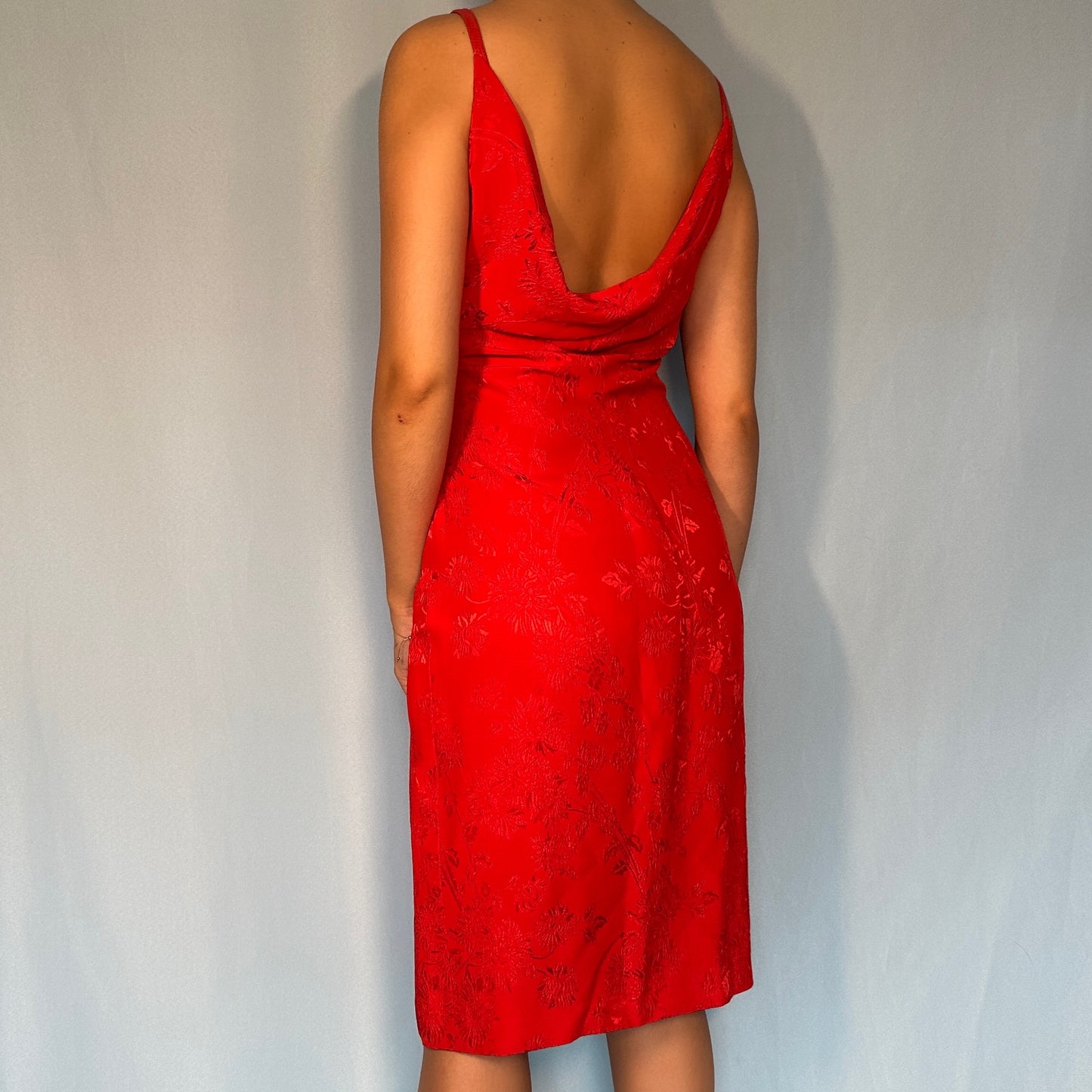 Versace 1998 Red Satin Draped Cowl Neckline Dress