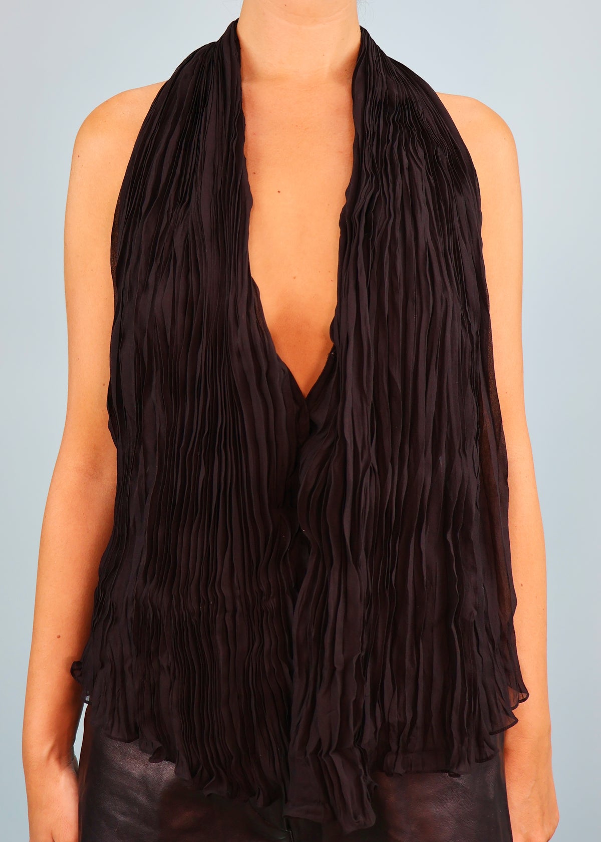 Ralph Lauren Black Silk Pleated Halter Plunge Top