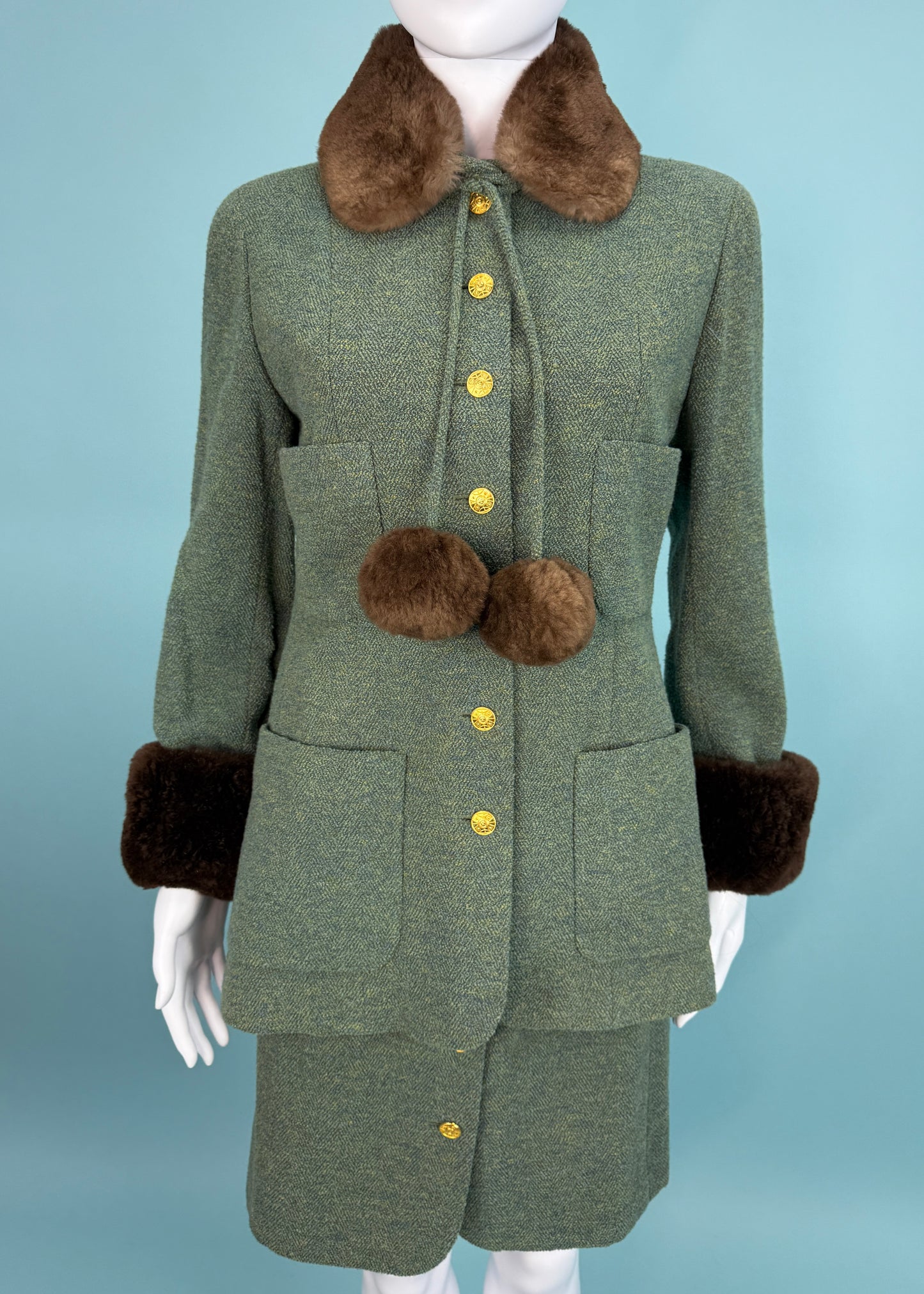 Chanel Fall 1989 Runway Green Boucle Fur Pom Trim Jacket & Skirt Suit Set