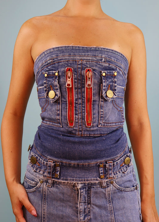 DSquared2 Spring 2004 Blue Denim Zip Detail Strapless Tube Top