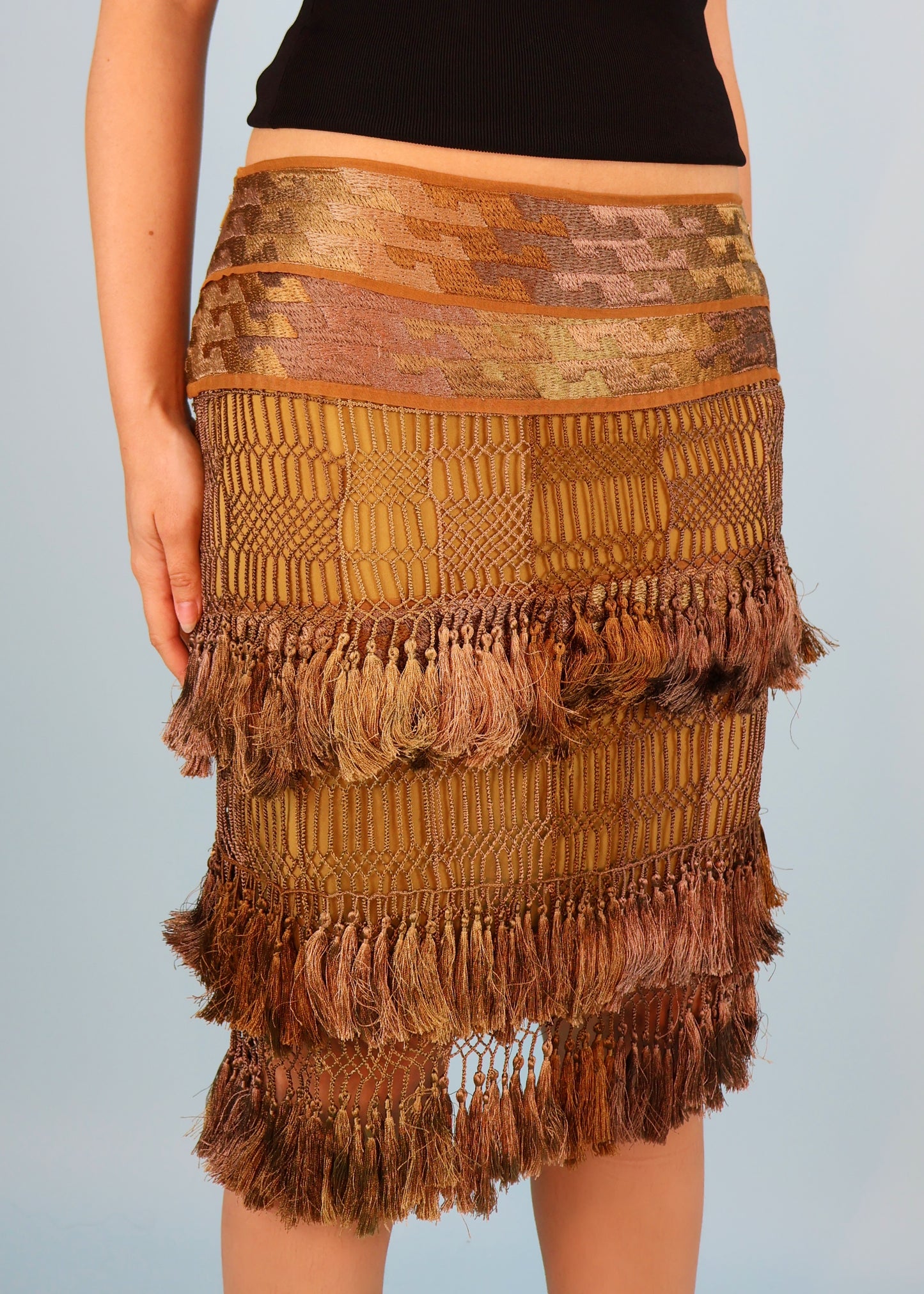Gucci Spring 2005 Runway Khaki Green Silk Tassel Skirt