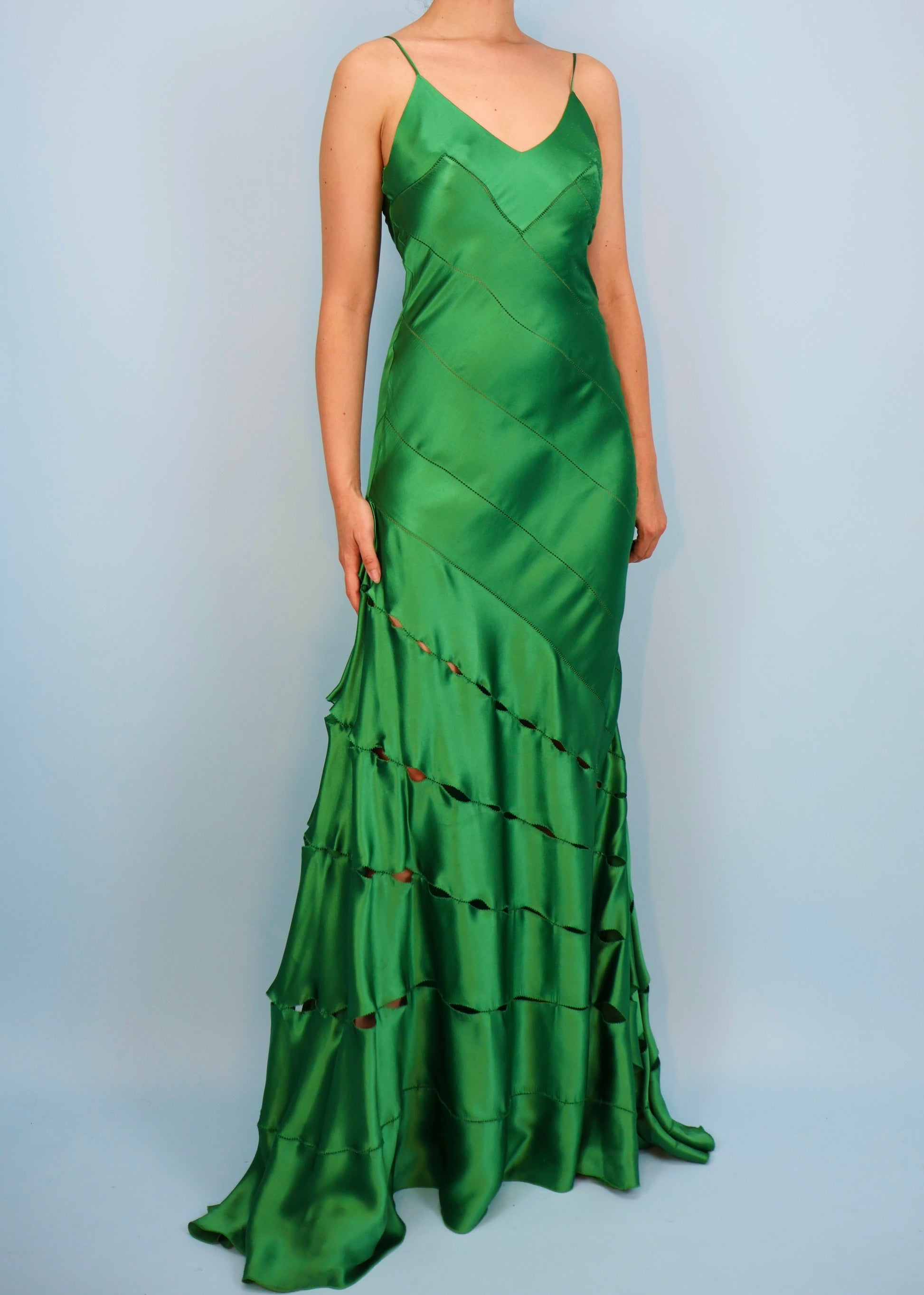 Roberto Cavalli Green Silk Satin Cut Out Gown Studded Petals Vintage Roberto Cavalli Green Silk Satin Cut Out Gown Studded Petals Vintage