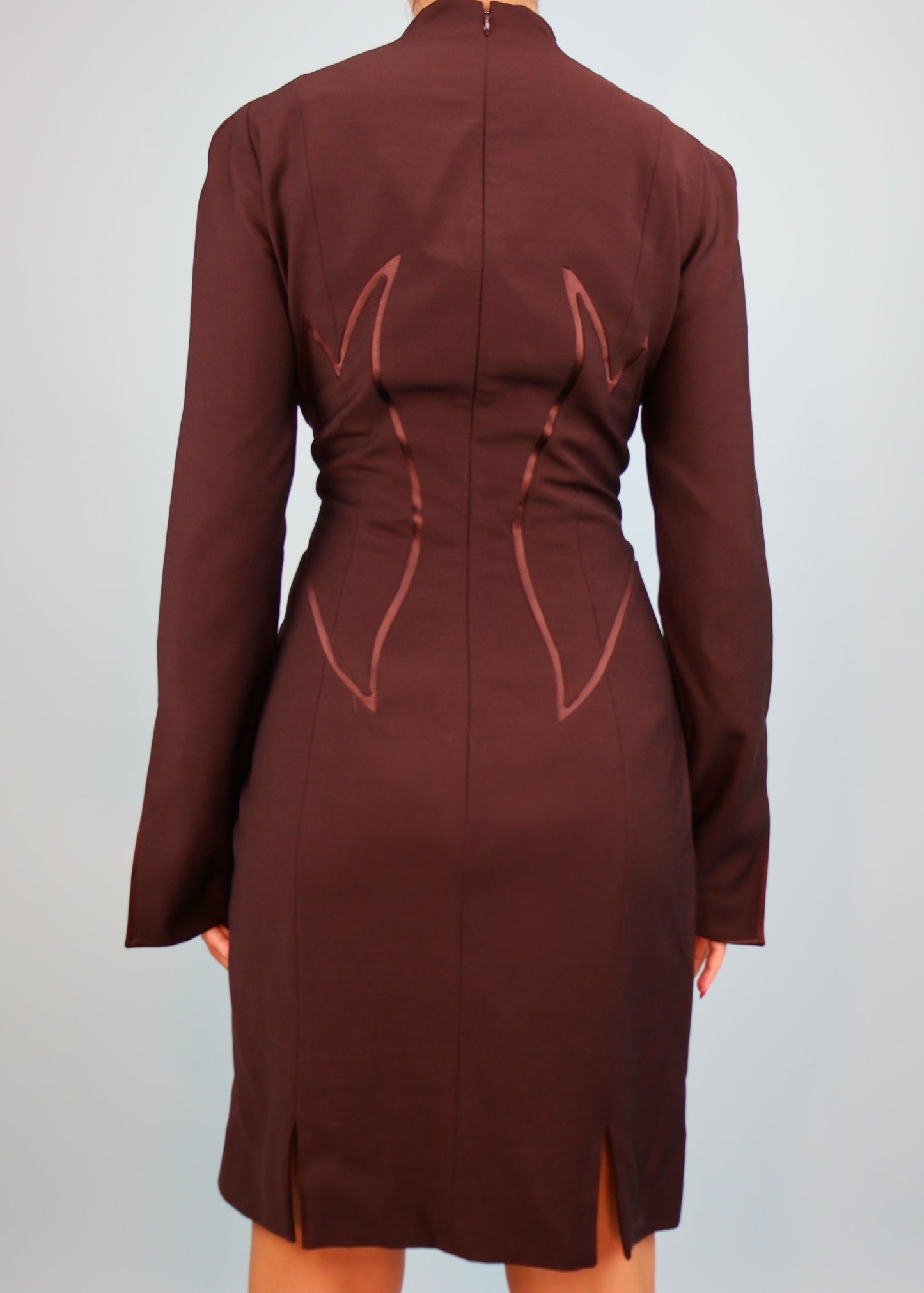Thierry Mugler Fall 2001 Brown Satin Trim Sculptural Dress