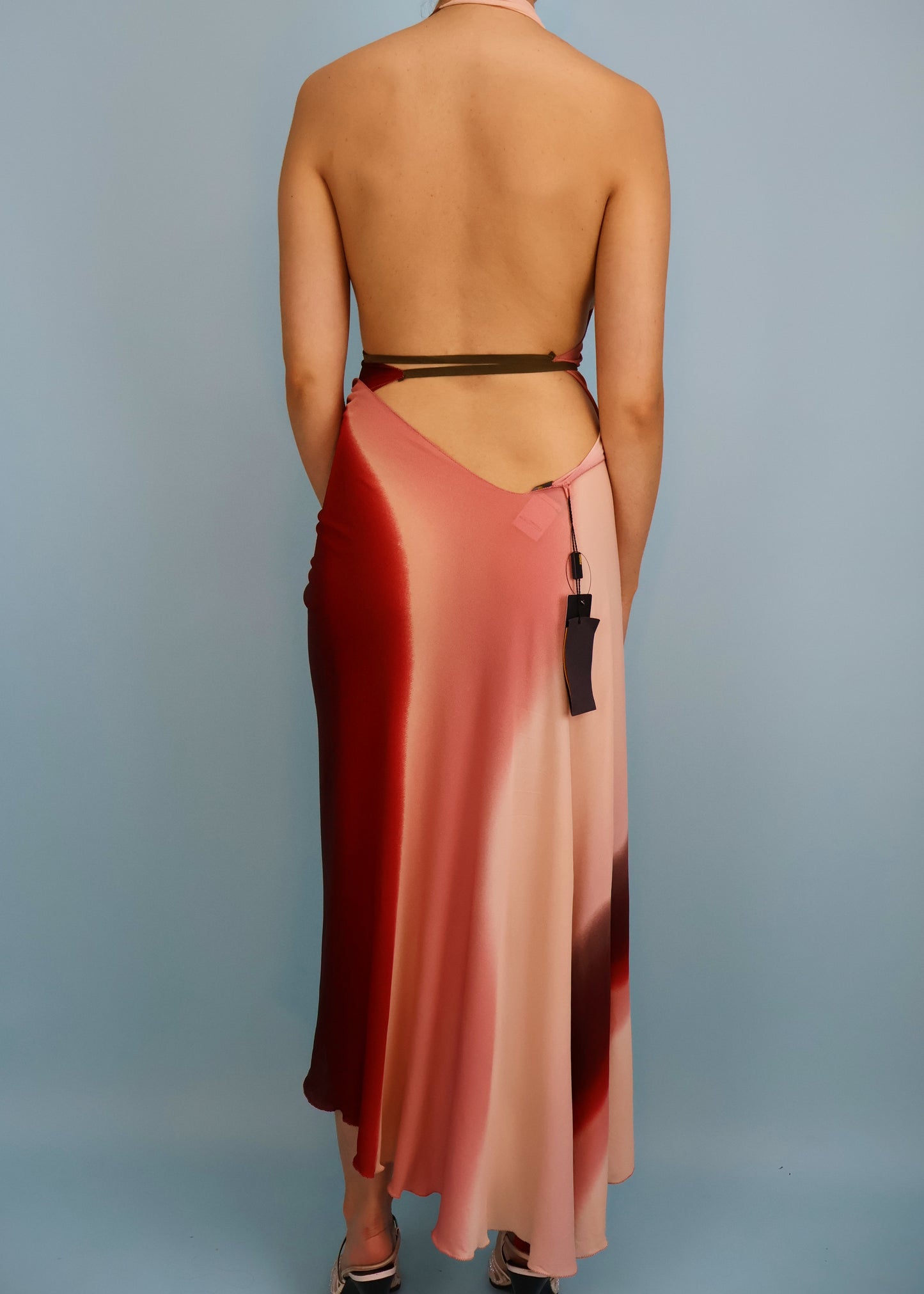 Fendi Spring 2004 Runway Pink & Red Wrap Backless Halter Dress