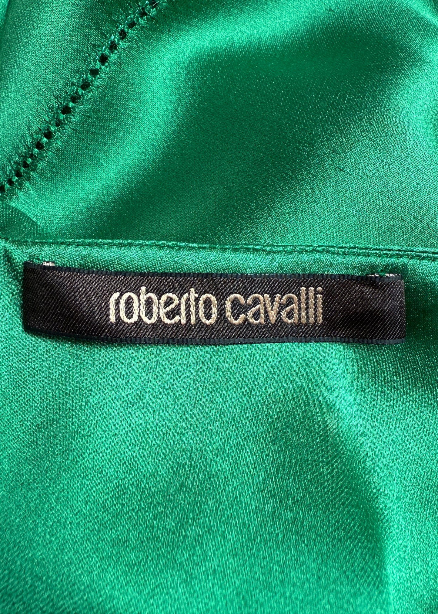 Roberto Cavalli Green Silk Satin Cut Out Gown