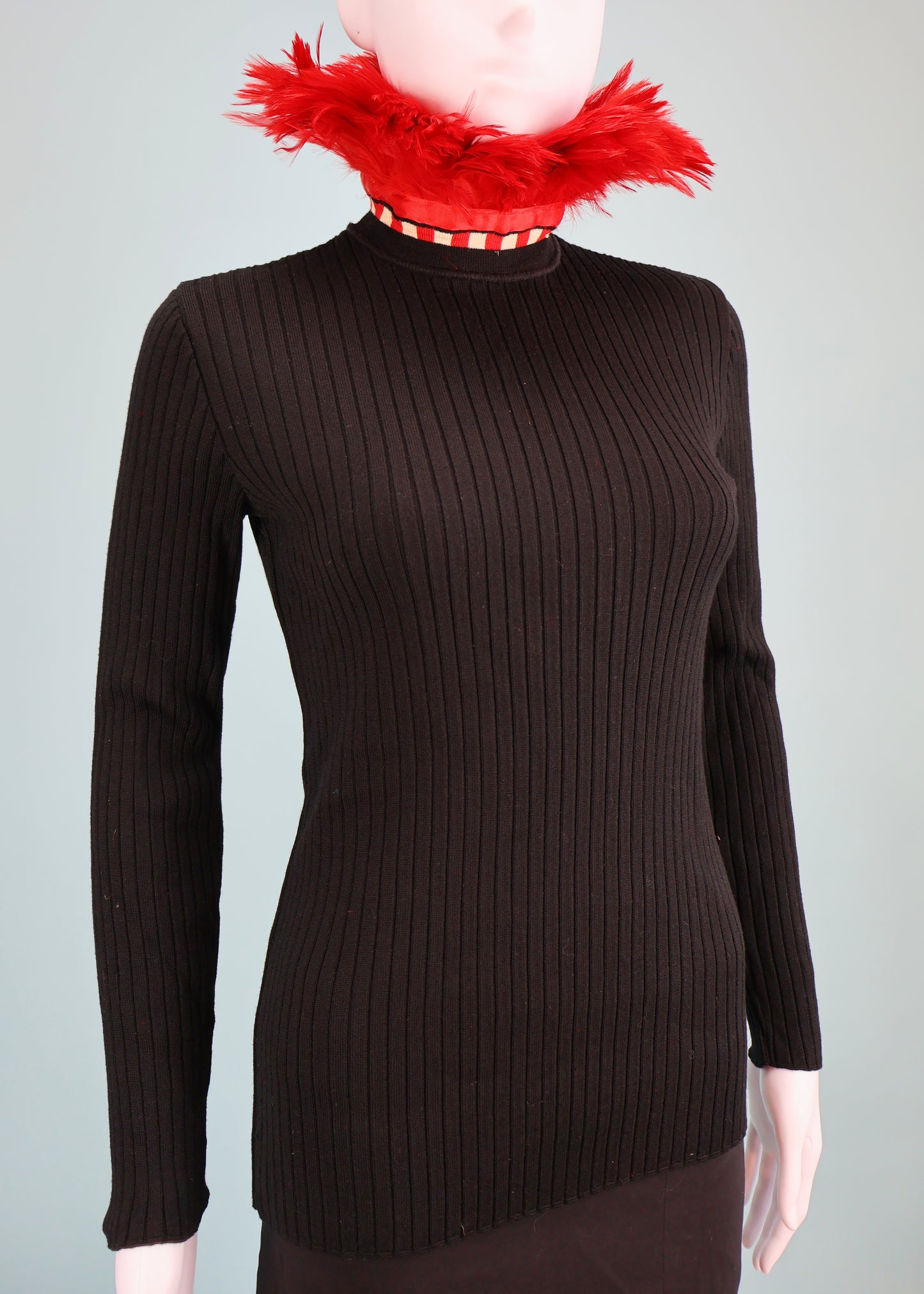 Jean Paul Gaultier Fall 1991 Runway Red Feather Collar Black Knitted Top