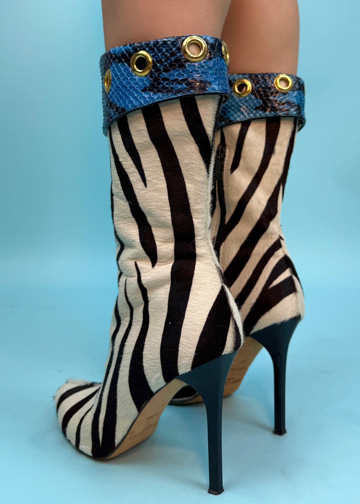 Jimmy Choo Zebra Ponyhair & Blue Snakeskin Heeled Boots