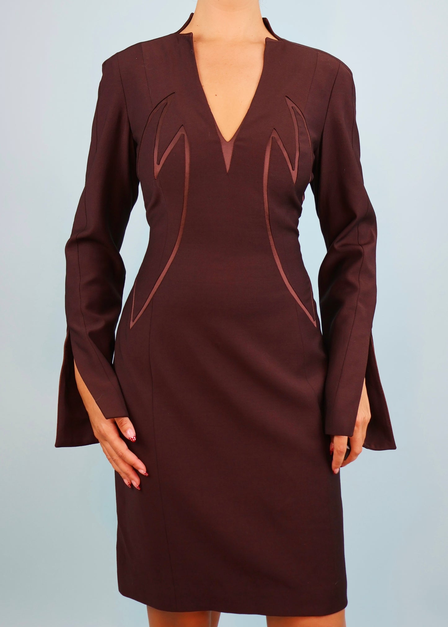 Thierry Mugler Fall 2001 Brown Satin Trim Sculptural Dress