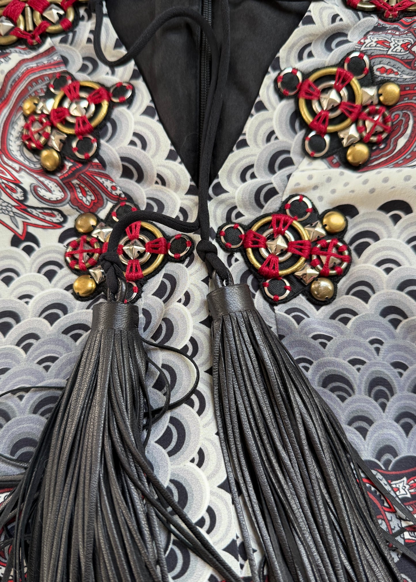 Gucci Fall 2008 Runway Silk Printed Leather Tassel Dress