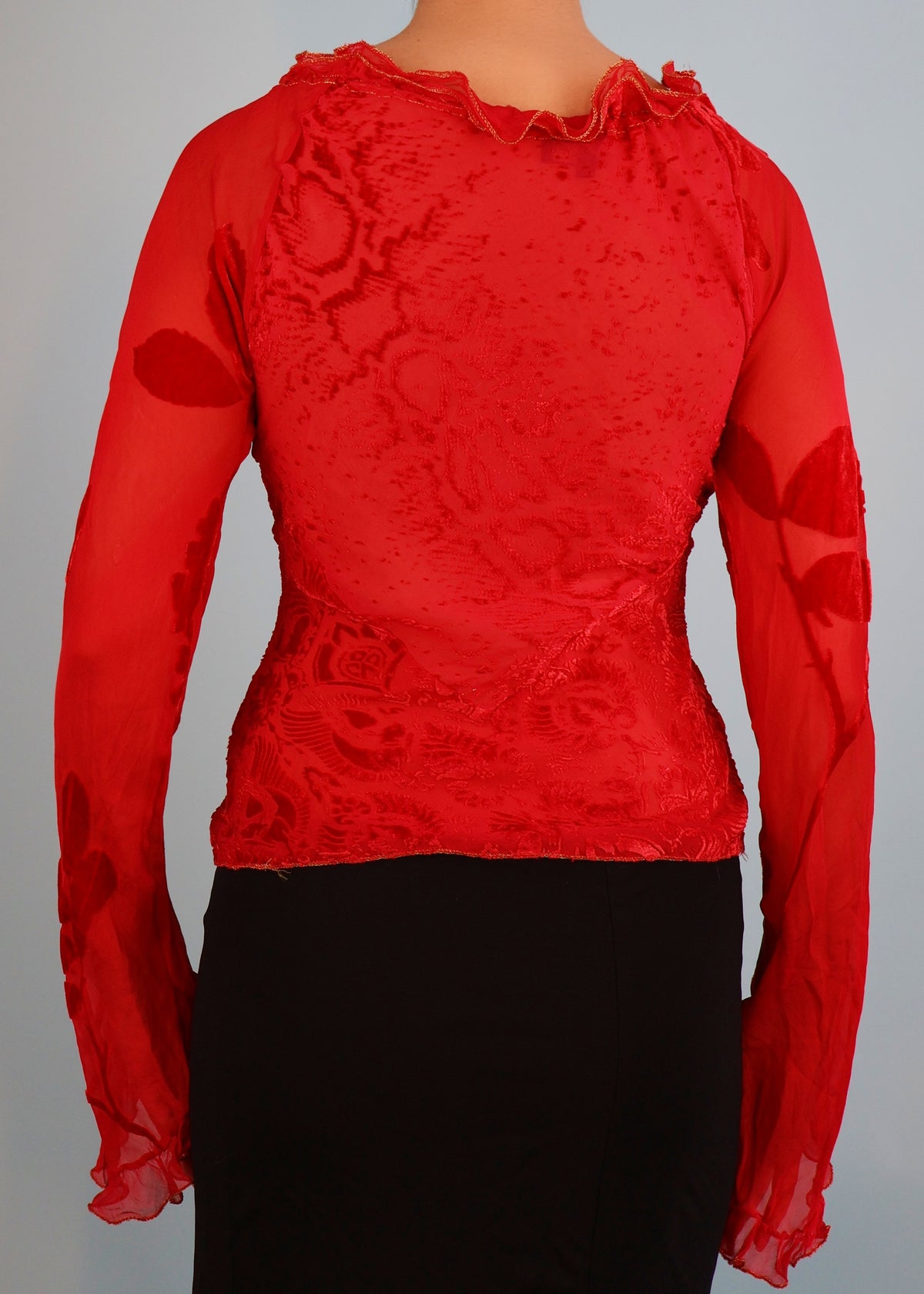 Roberto Cavalli Fall 1999 Runway Red Silk Devoré Velvet Flared Sleeve Top