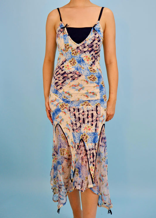 John Galliano Fall 2004 Prototype Blue Floral Knit & Silk Chiffon Dress