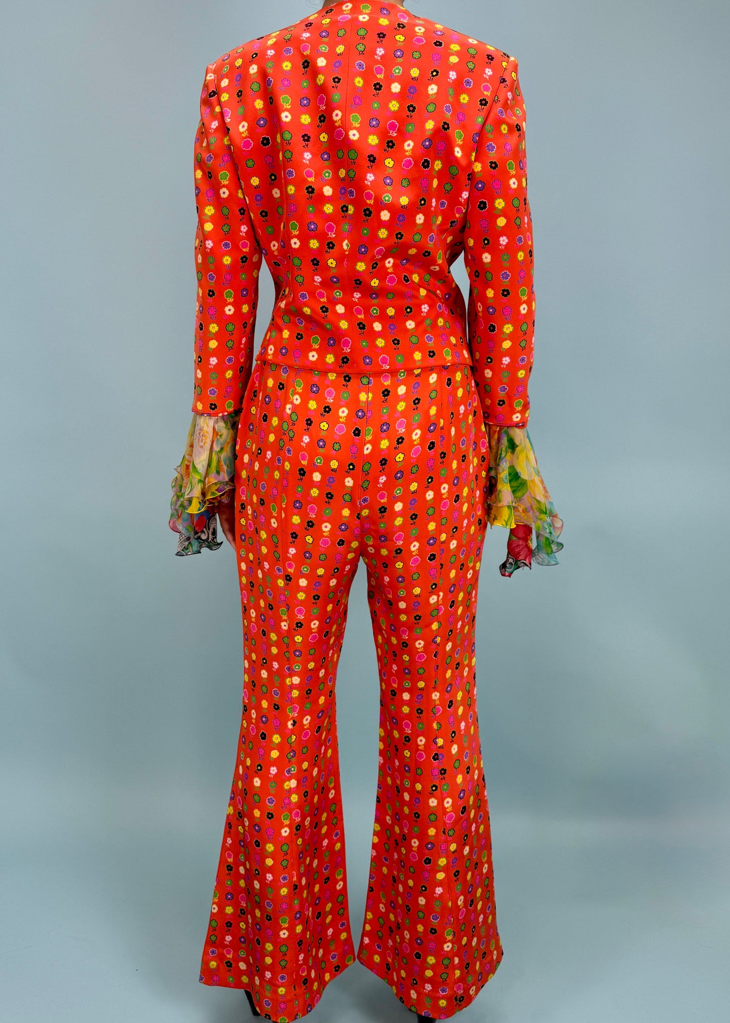 Versace Spring 1993 Runway Floral Silk Chiffon Ruffle Jacket & Flared Pants Set