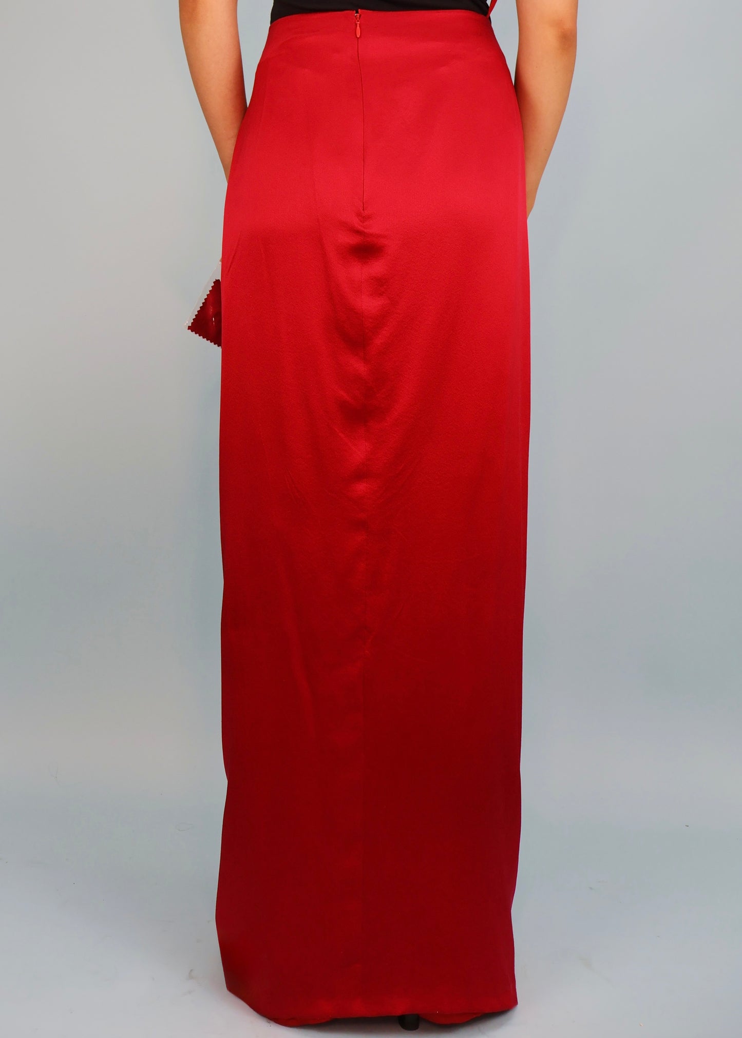 Dior Resort 1994 Red Silk Satin Dipped Waist Draped Maxi Skirt