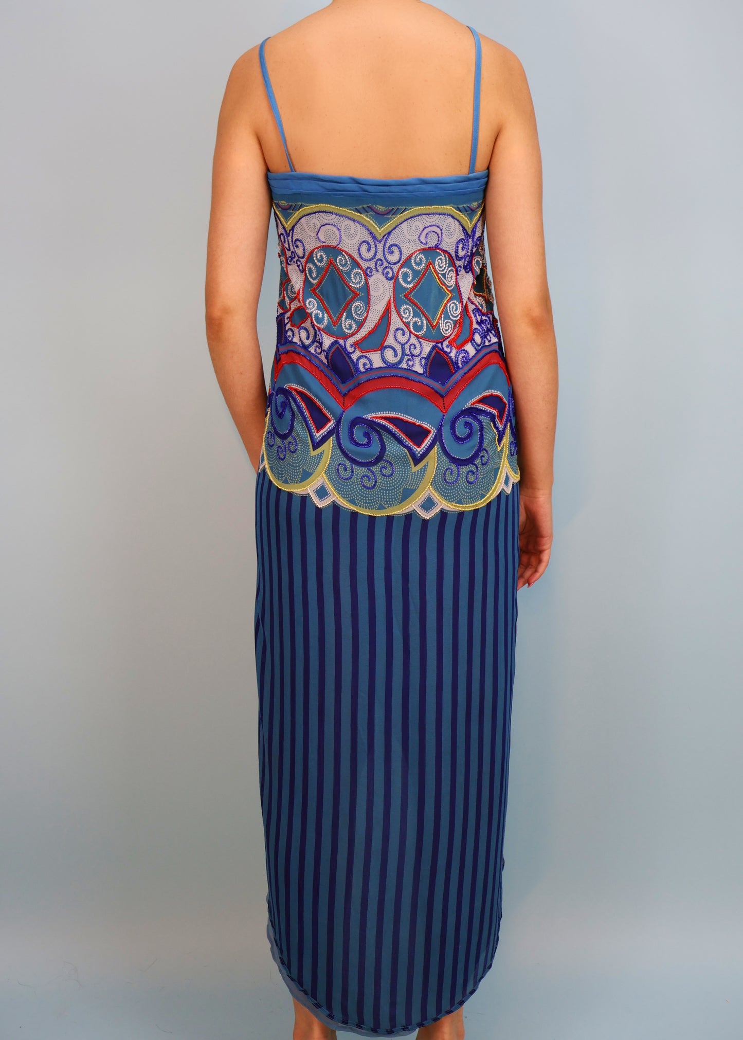 Versace Spring 1982 Runway Blue Embellished Striped Silk Chiffon Dress
