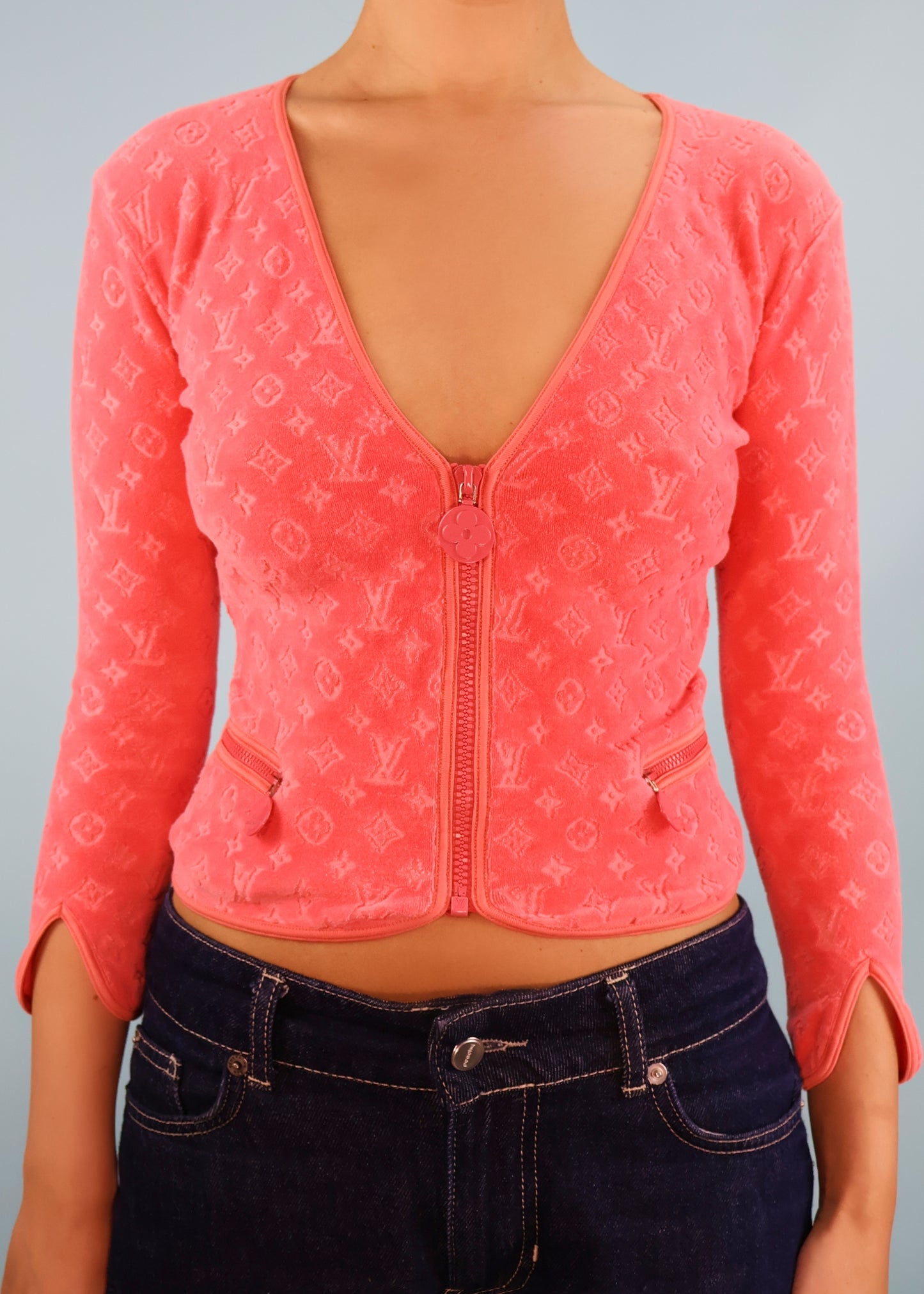 Louis Vuitton Pink Velour Monogram Zip Up Cardigan Top
