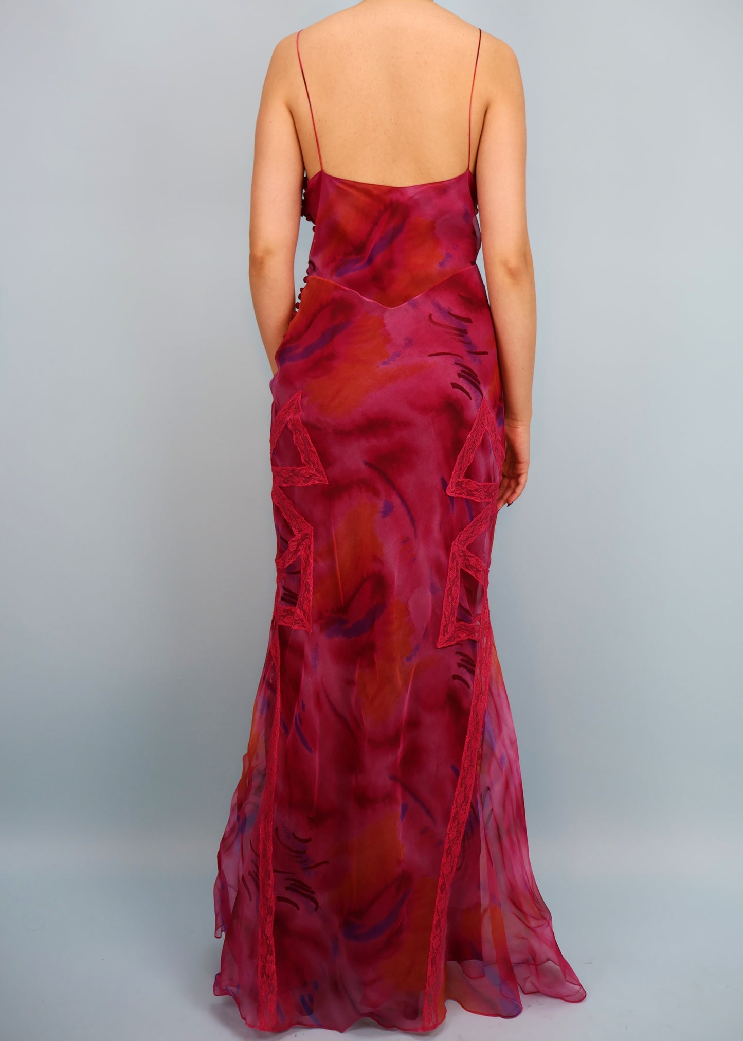 Dior Spring 2001 Pink Tie Dye Silk Bow Lace Gown