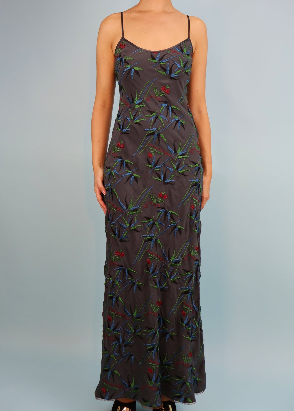 Betsey Johnson Ultra Grey Embroidered Silk Maxi Dress