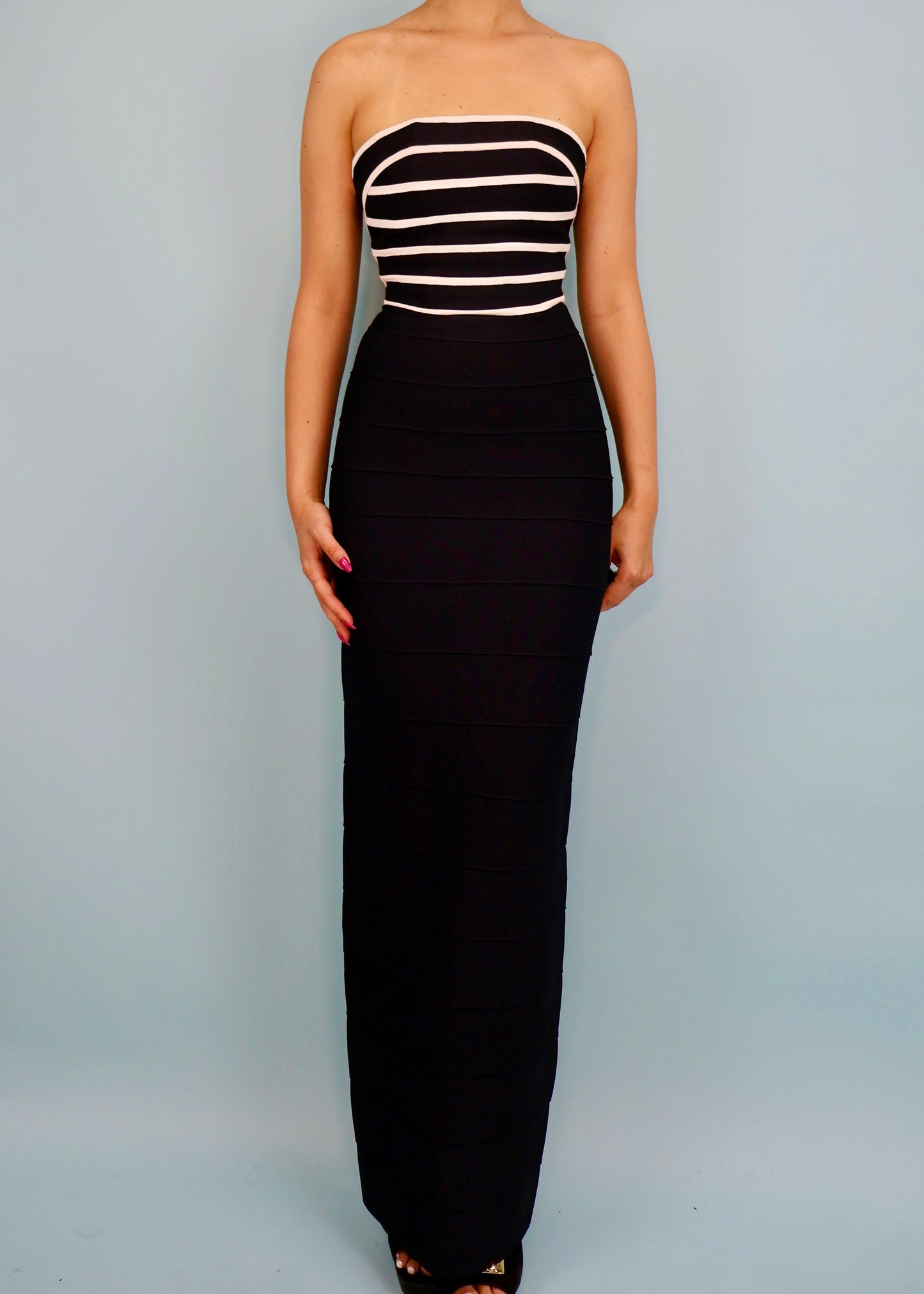 Hervé Léger Couture Spring 1997 Black & White Stripe Strapless Bandage Maxi Dress