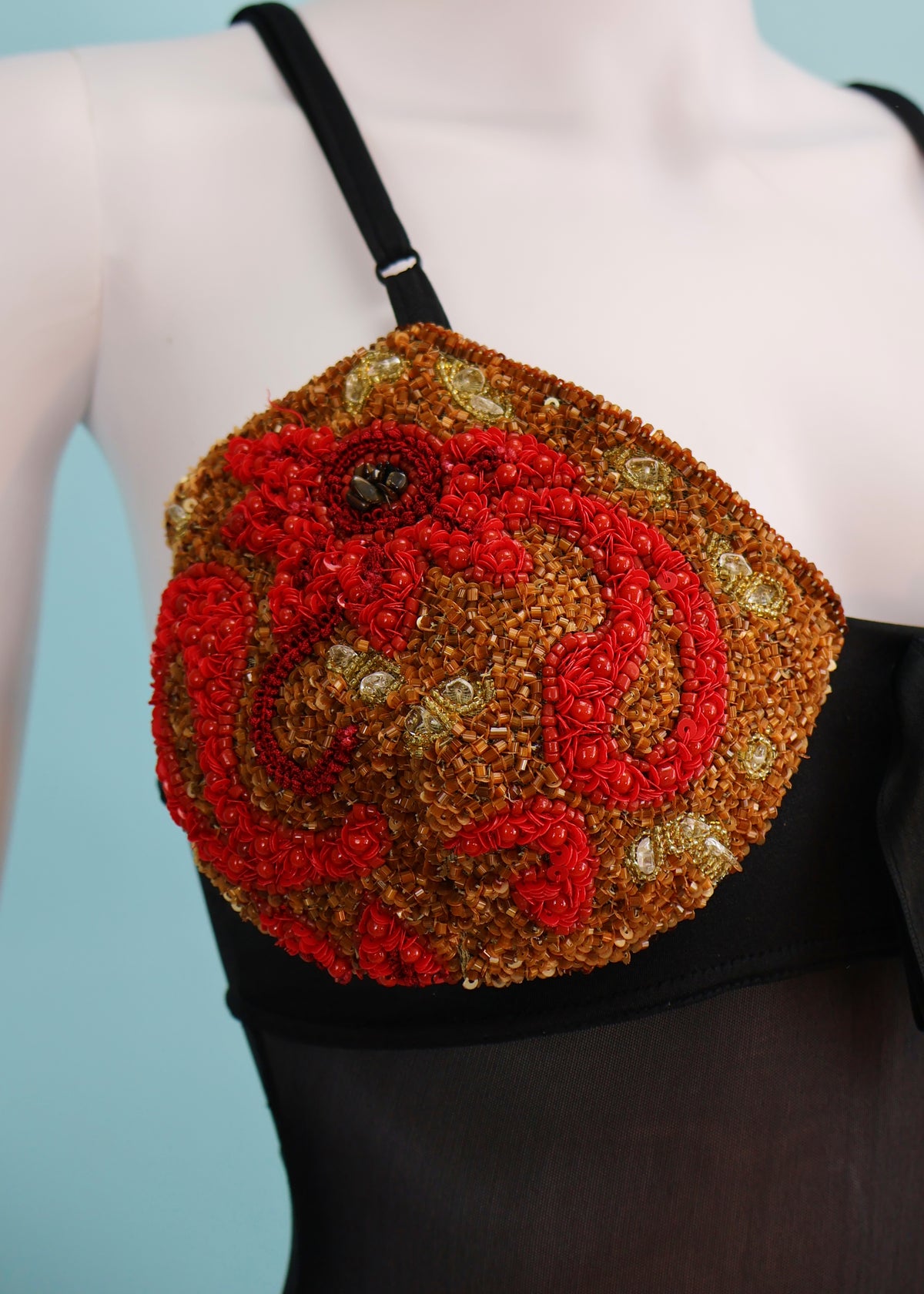 Blumarine Spring 1991 Runway Red & Gold Embellished Black Mesh Cutout Swimsuit