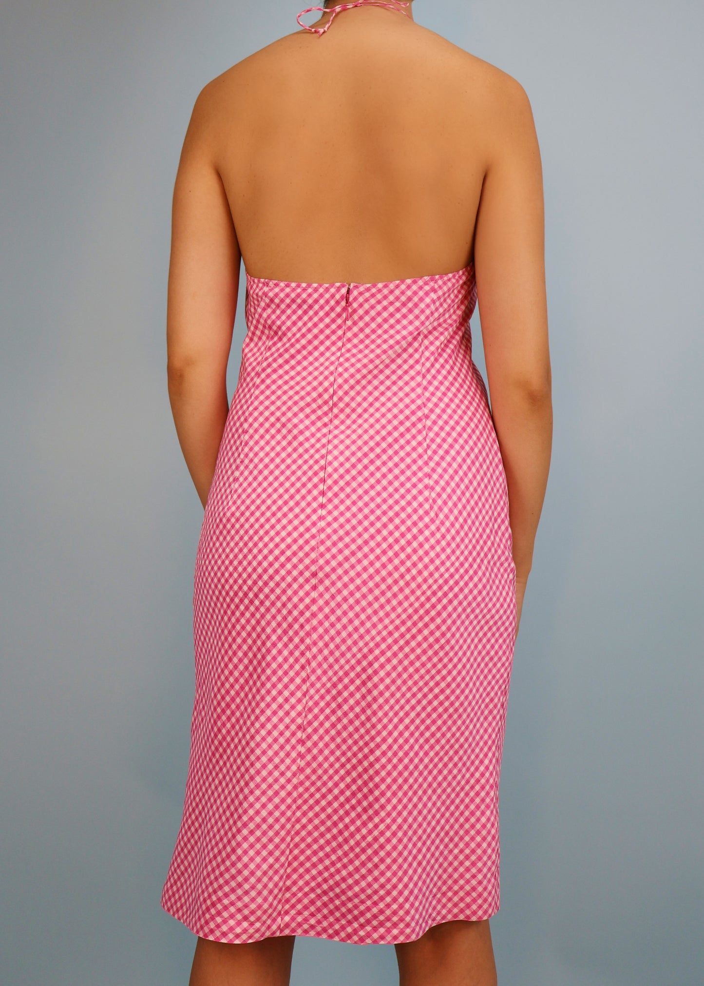 Ralph Lauren Pink & White Gingham Silk Halter Dress