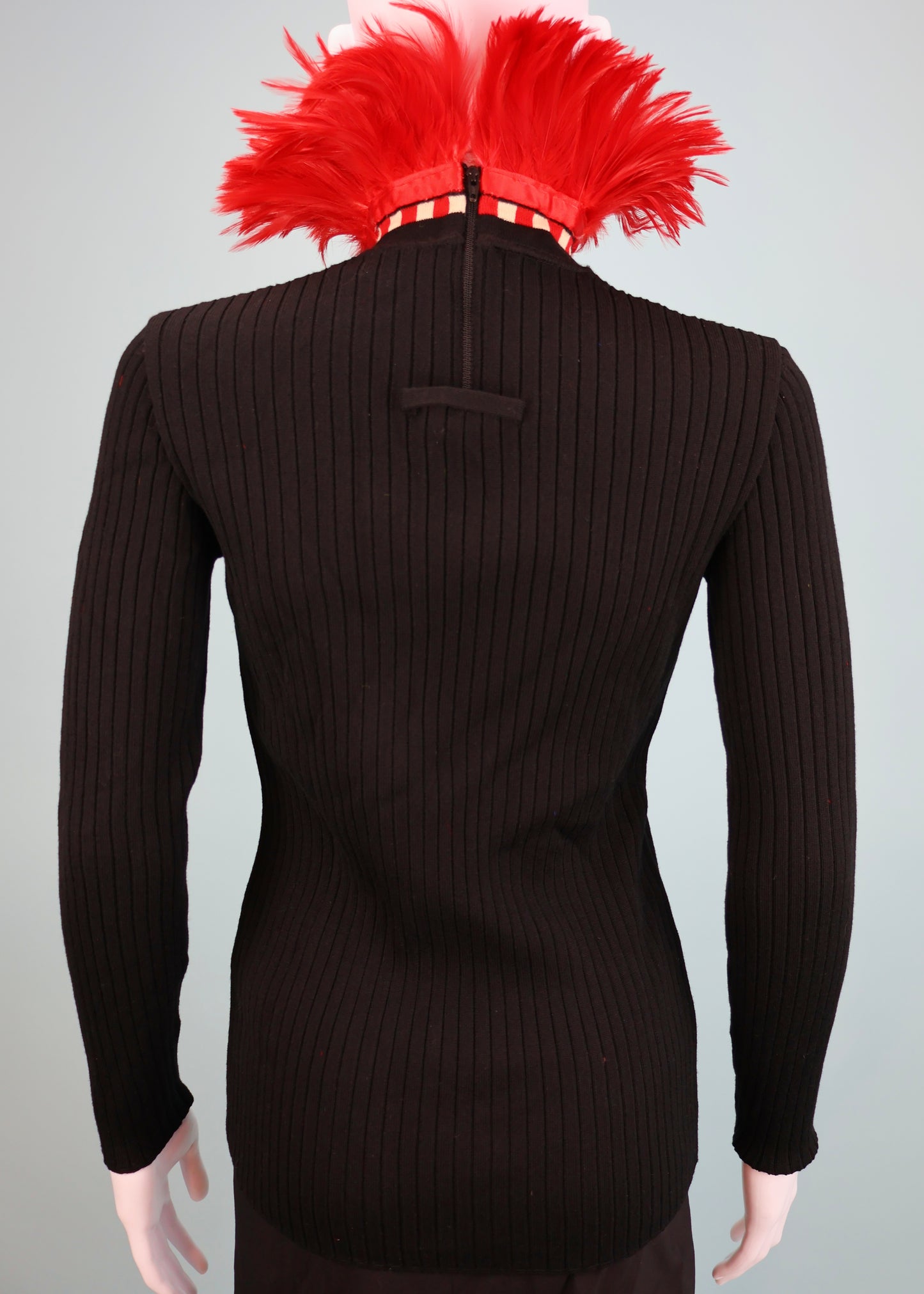 Jean Paul Gaultier Fall 1991 Runway Red Feather Collar Black Knitted Top