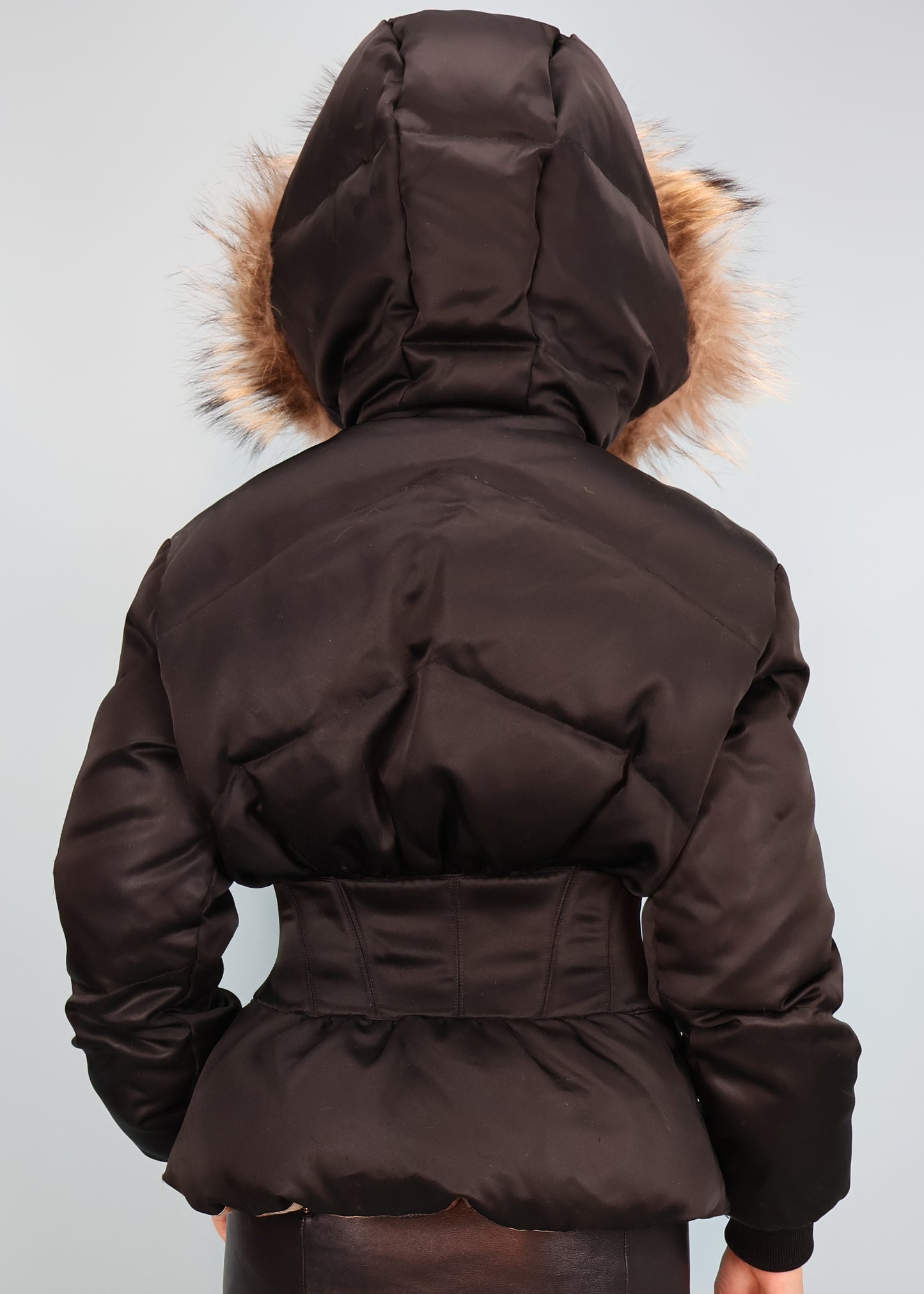 Alexander McQueen Fall 2003 Black Satin Corset & Fur Hood Puffer Jacket