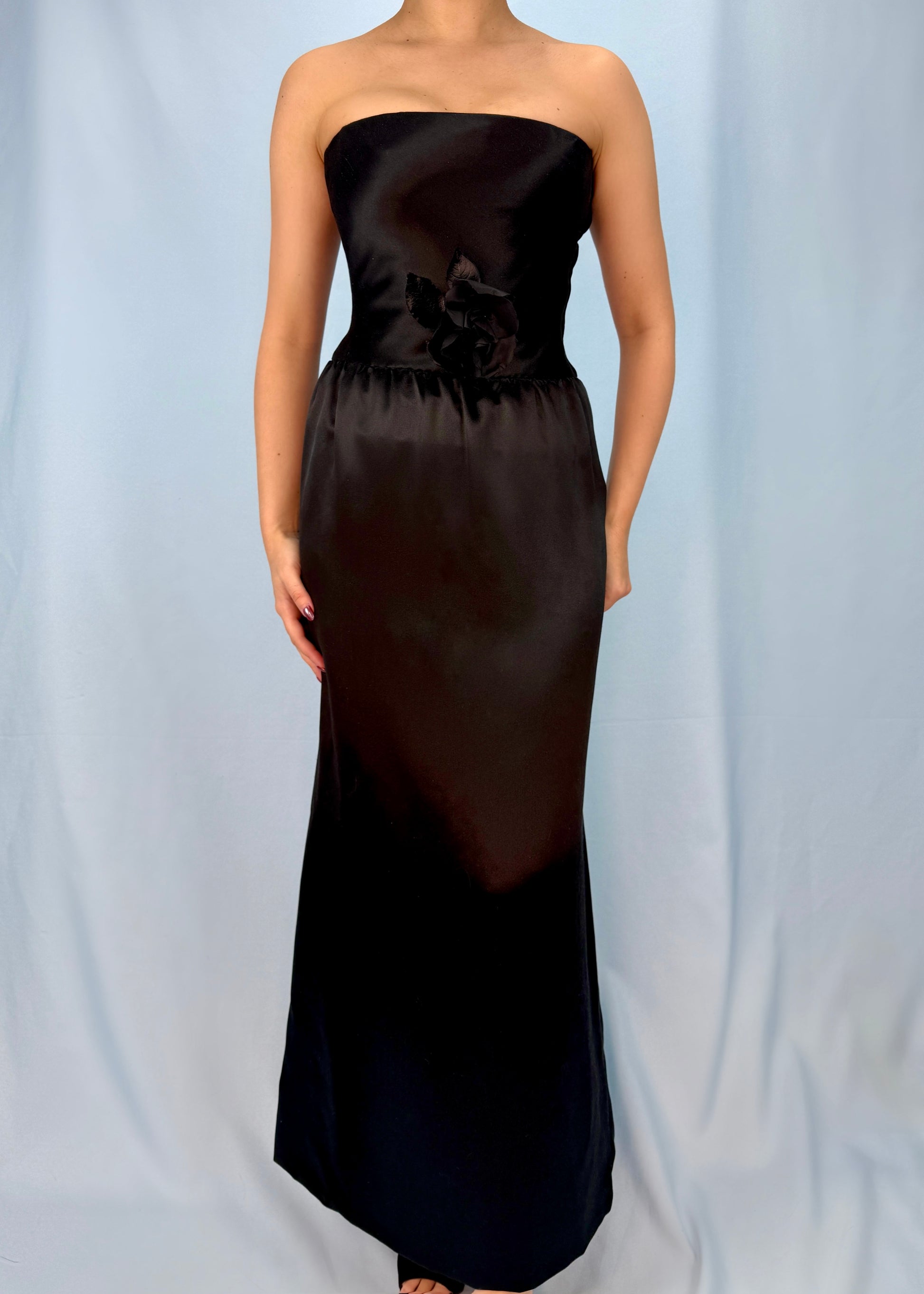 Givenchy Haute Couture 1980s Black Silk Strapless Rose Corsage Gown – Studded Petals Vintage Givenchy Haute Couture 1980s Black Silk Strapless Rose Corsage Gown – Studded Petals Vintage