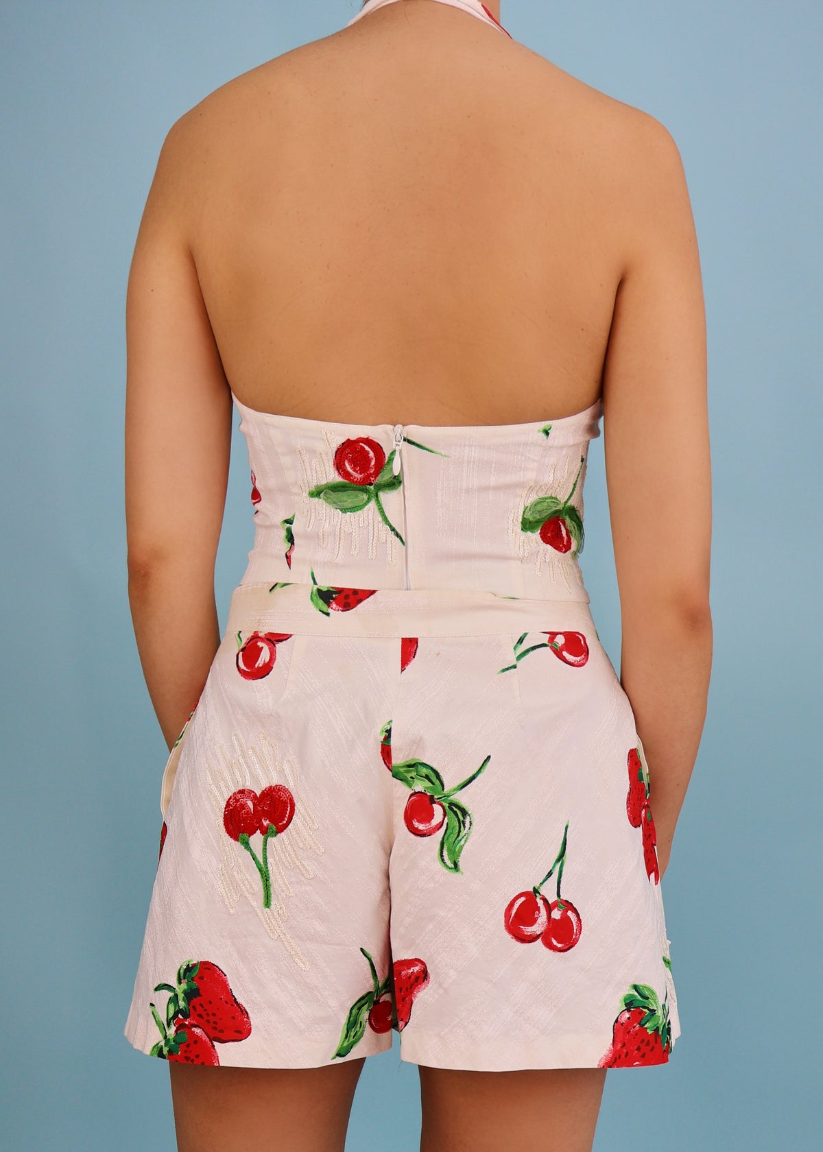Blumarine Strawberry & Cherry Print Embellished Halter Top & Shorts Set