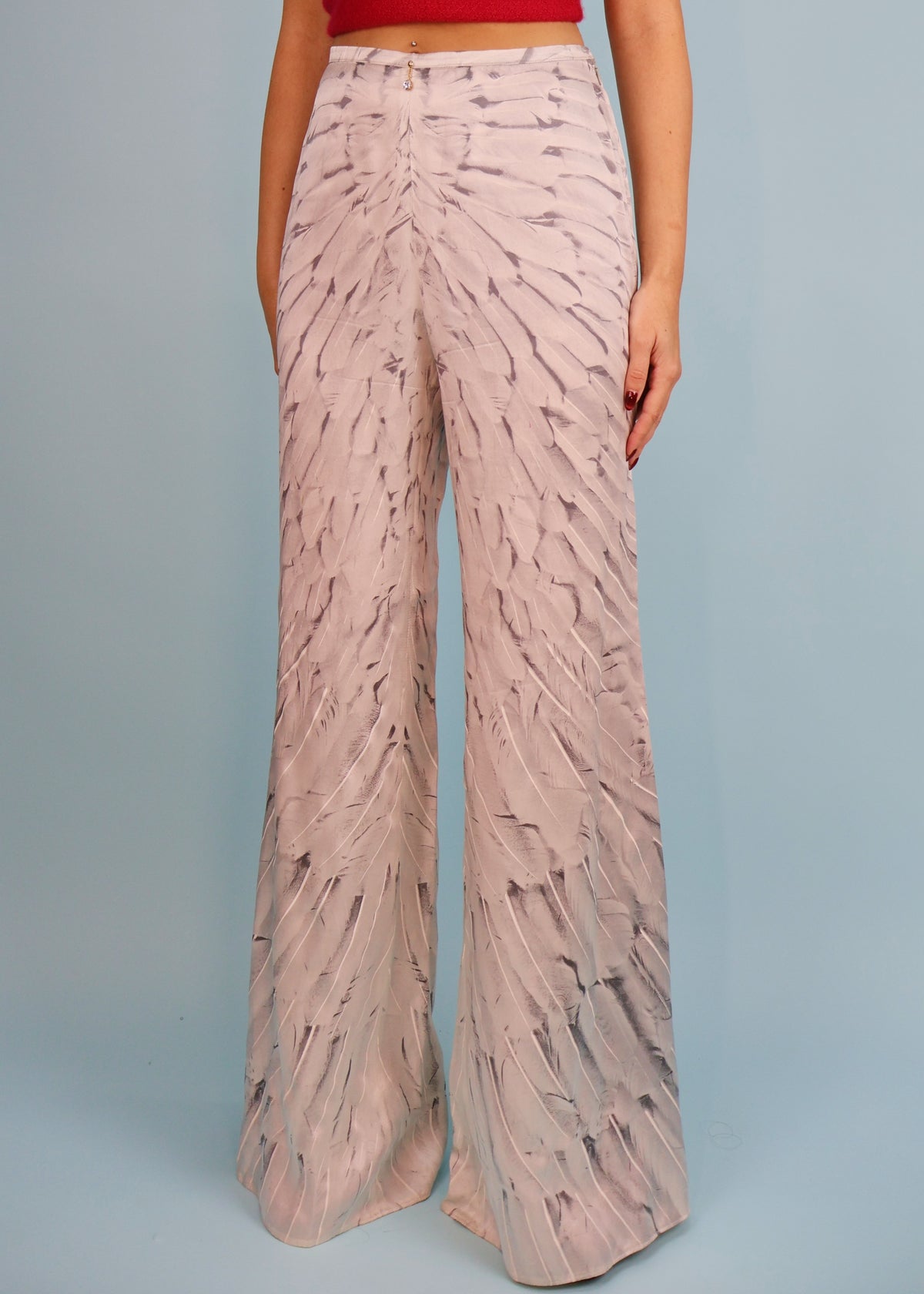 Roberto Cavalli Spring 1999 Feather Print Silk Palazzo Pants