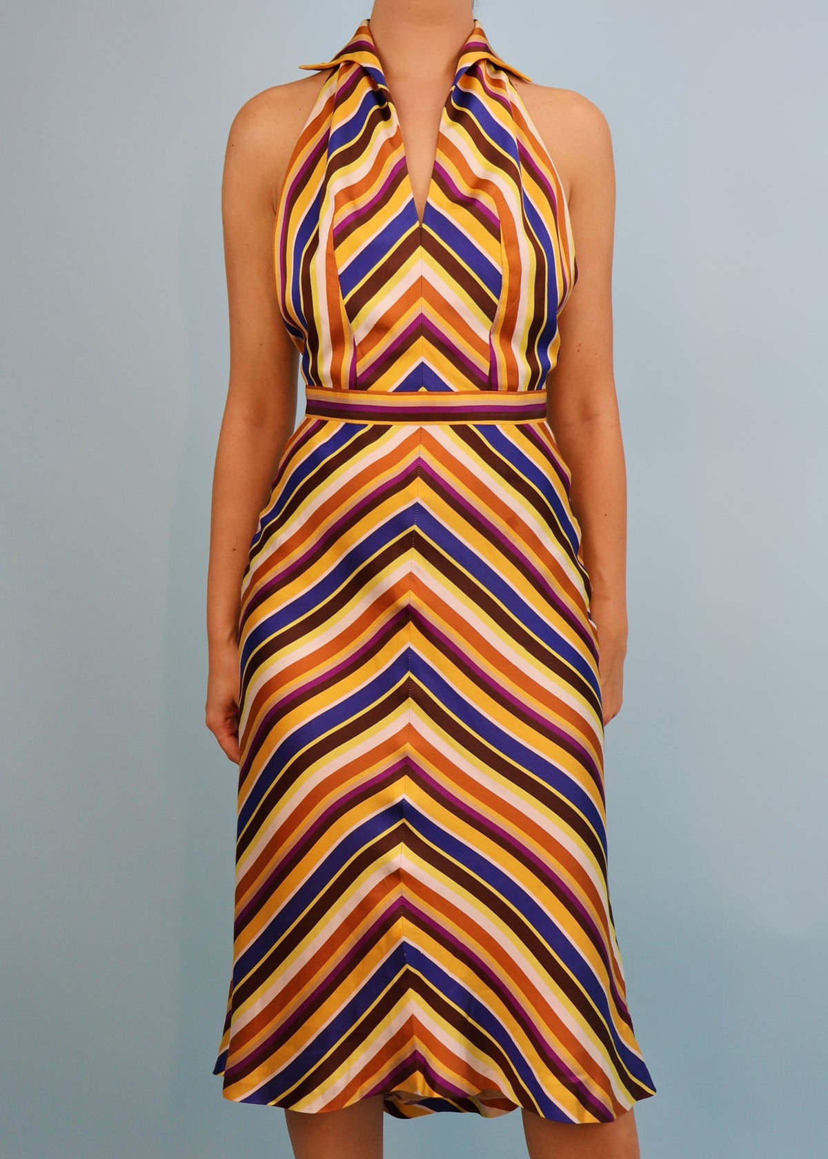 Thierry Mugler Fall 2001 Striped Silk Collared Halter Dress
