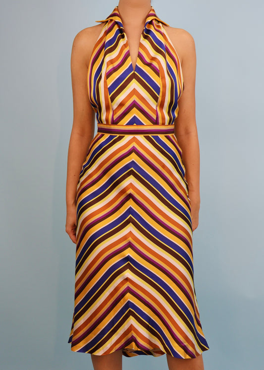 Thierry Mugler Fall 2001 Striped Silk Collared Halter Dress
