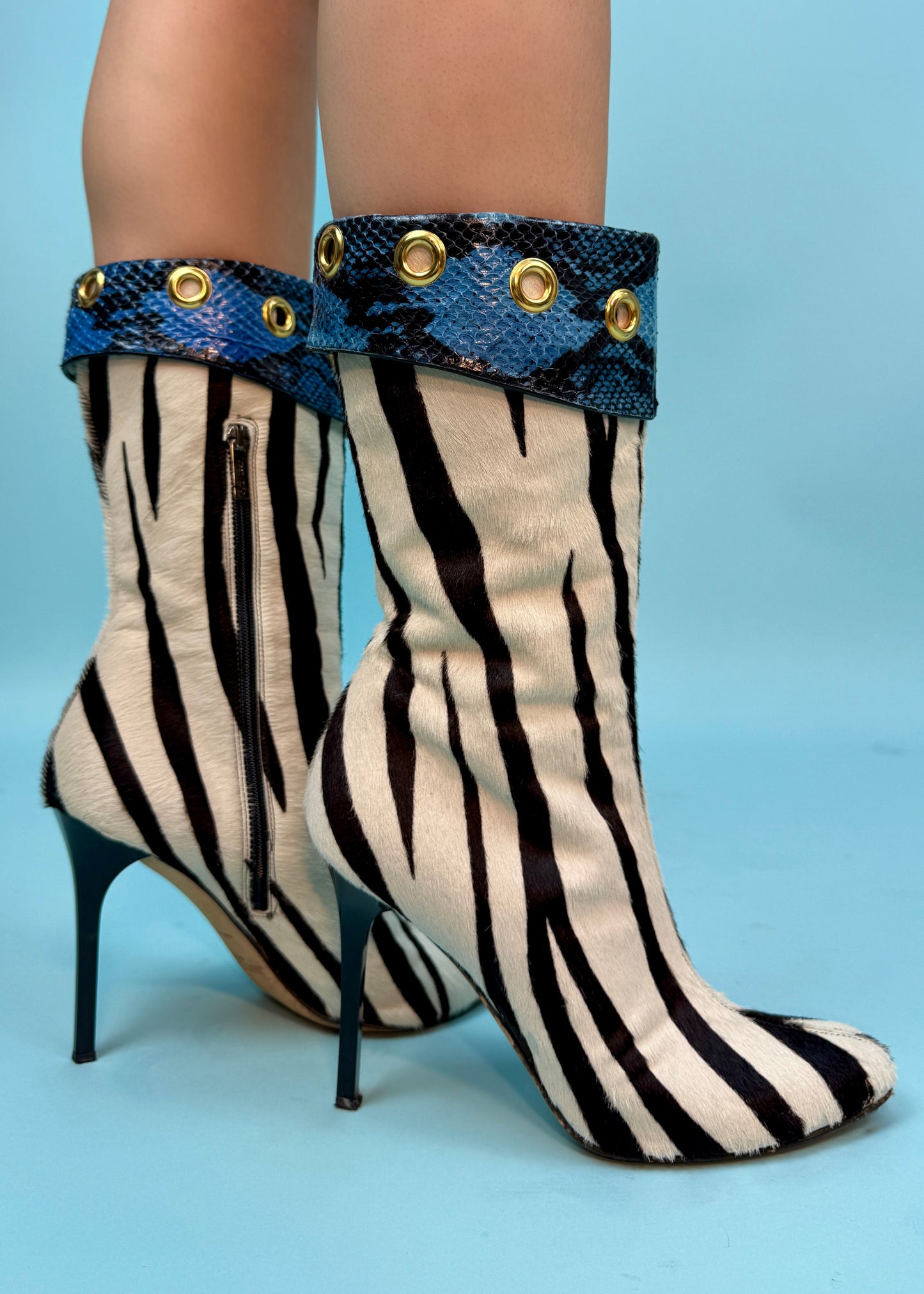 Jimmy Choo Zebra Ponyhair & Blue Snakeskin Heeled Boots