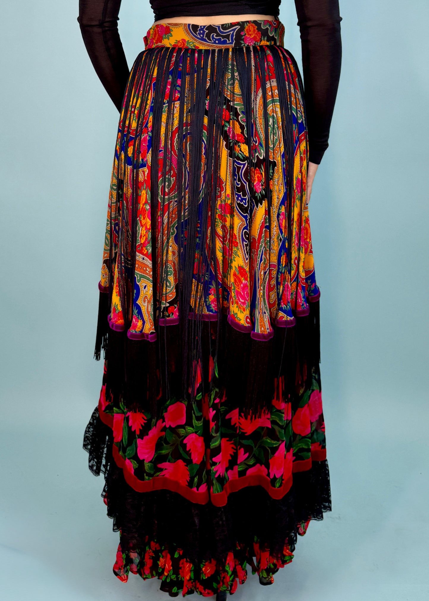 Dolce & Gabbana Fall 1993 Runway Multi Print Tiered Fringed Maxi Skirt