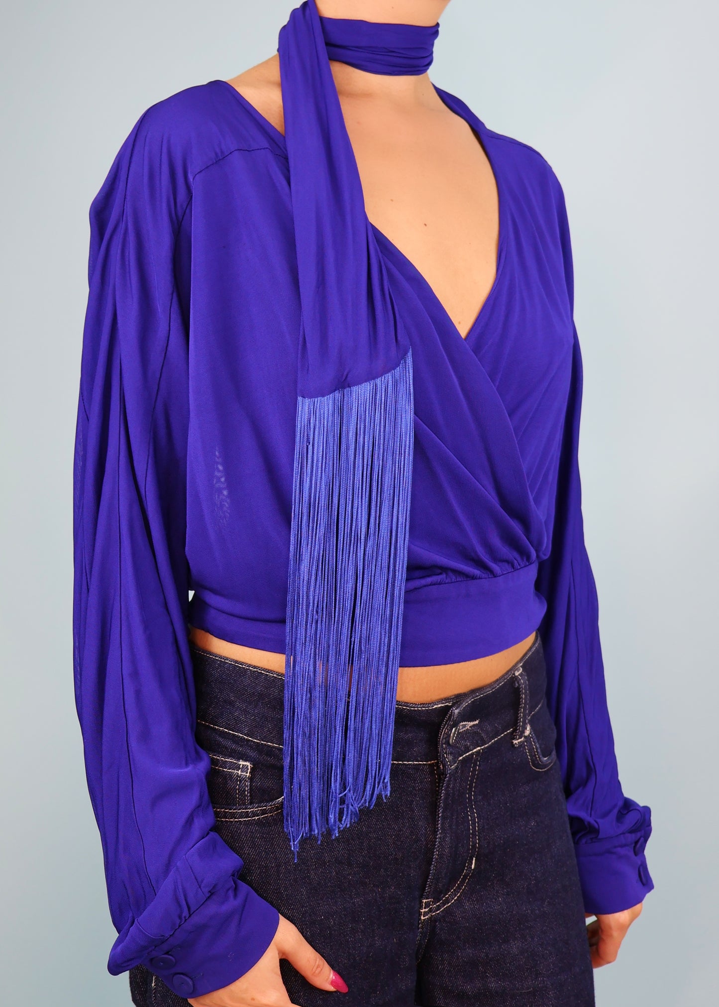 Versace Spring 2008 Runway Blue Tassel Scarf Plunge Wrap Blouse