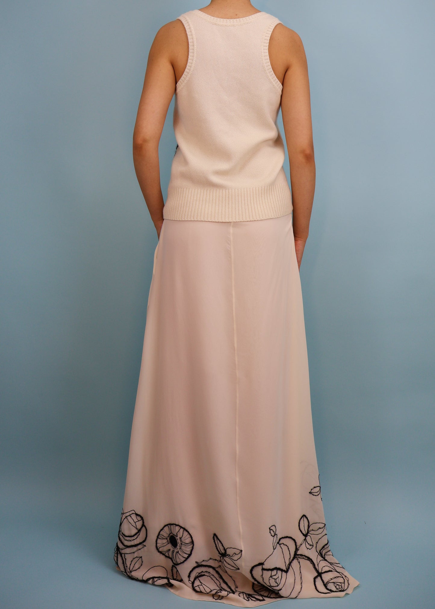 John Galliano Fall 2005 Floral Embroidered Cashmere Tank Top & Silk Maxi Skirt Set