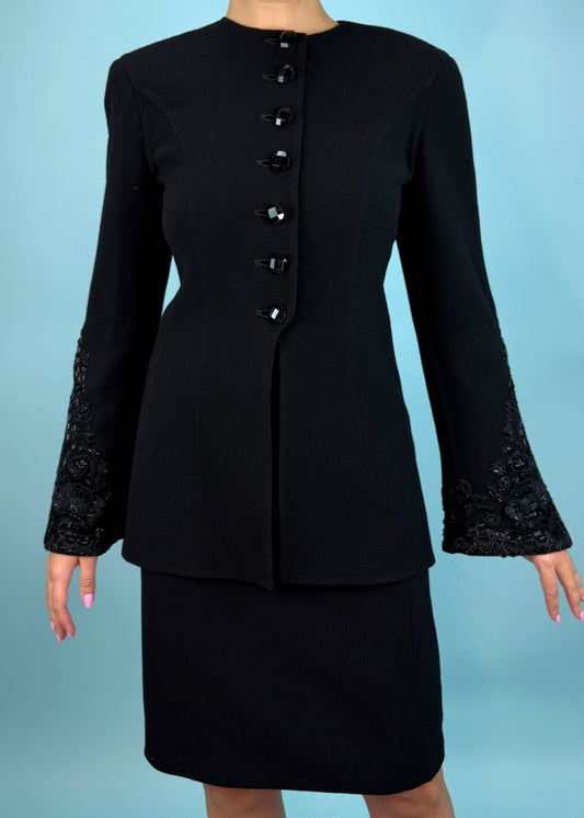 Valentino Fall 1994 Runway Black Embellished Jacket & Skirt Suit Set