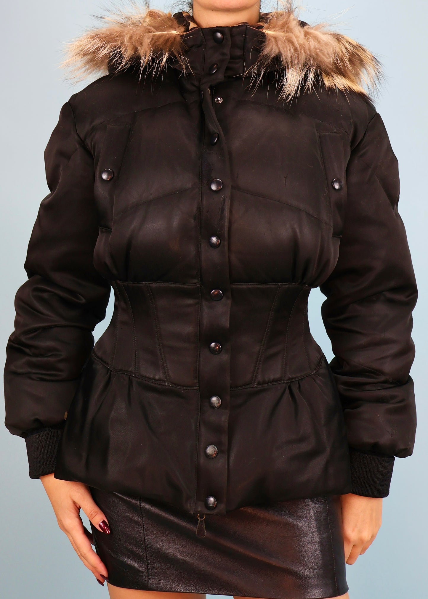 Alexander McQueen Fall 2003 Black Satin Corset & Fur Hood Puffer Jacket